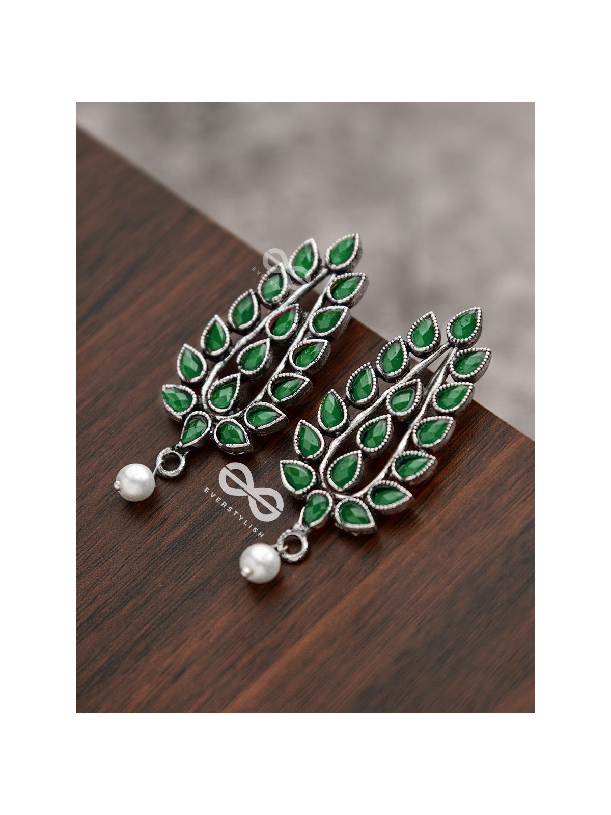 The Shimmering Leaves (Emerald Green)- Embellished Oxidised Earrings