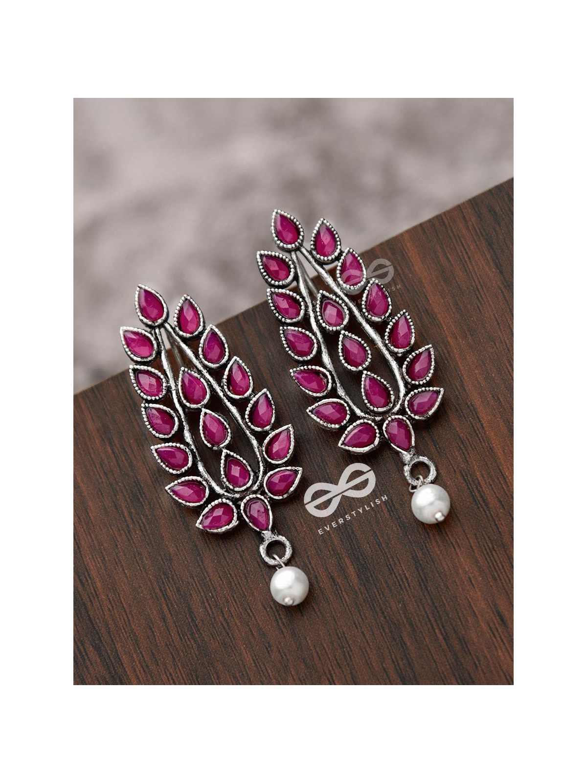 The Shimmering Leaves (Ruby Red)- Embellished Oxidised Earrings