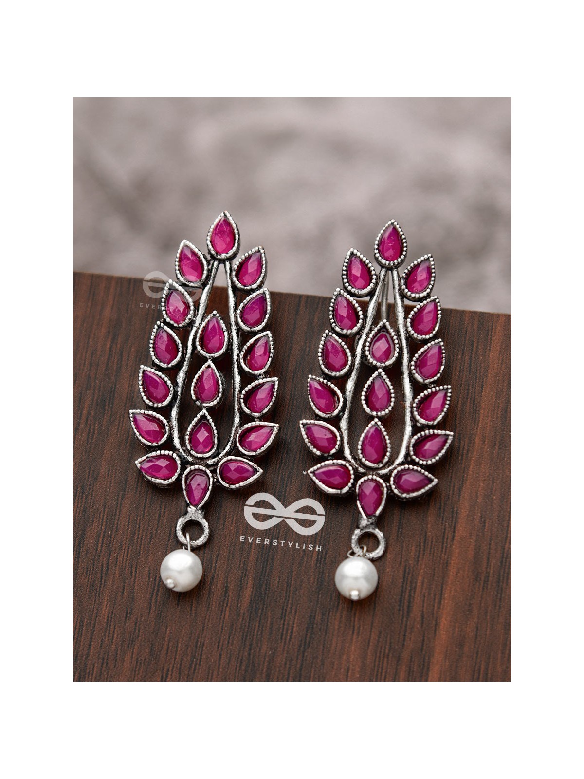 The Shimmering Leaves (Ruby Red)- Embellished Oxidised Earrings