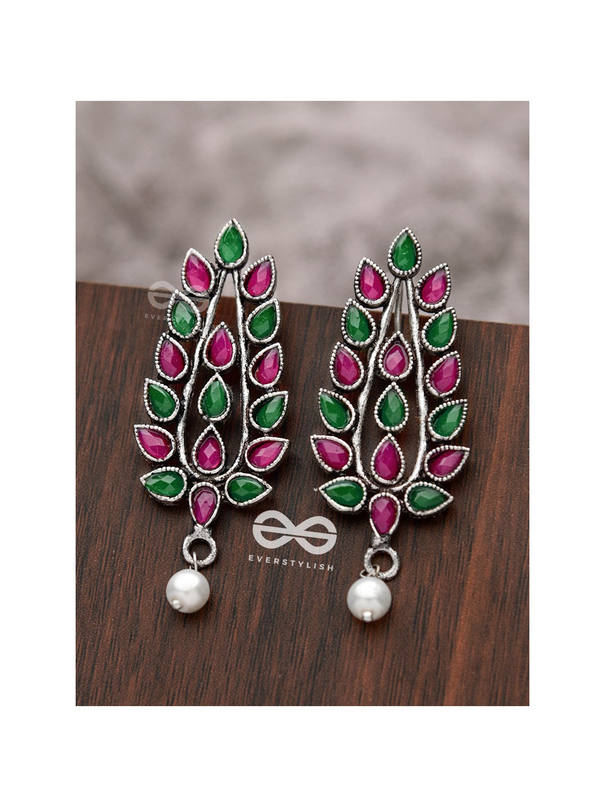 The Shimmering Leaves (Ruby Emerald)- Embellished Oxidised Earrings