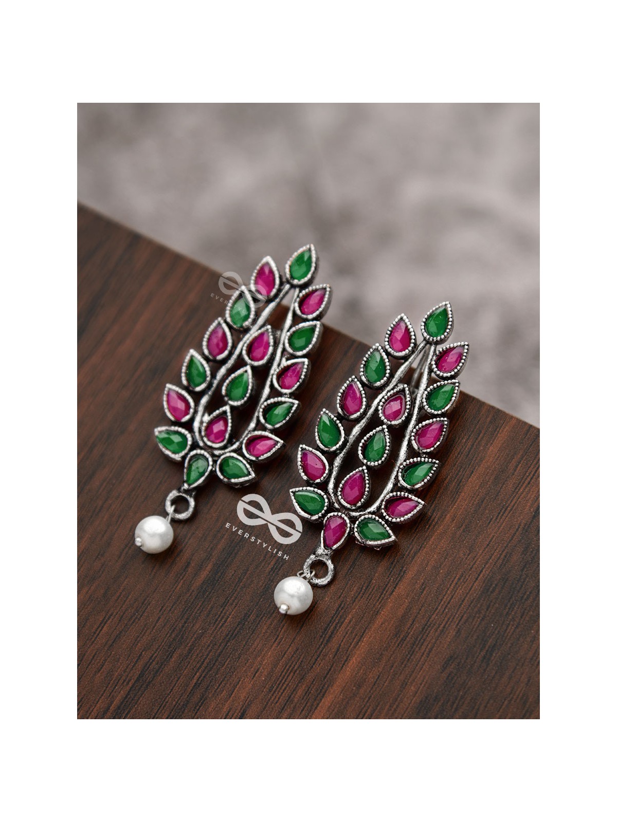 The Shimmering Leaves (Ruby Emerald)- Embellished Oxidised Earrings