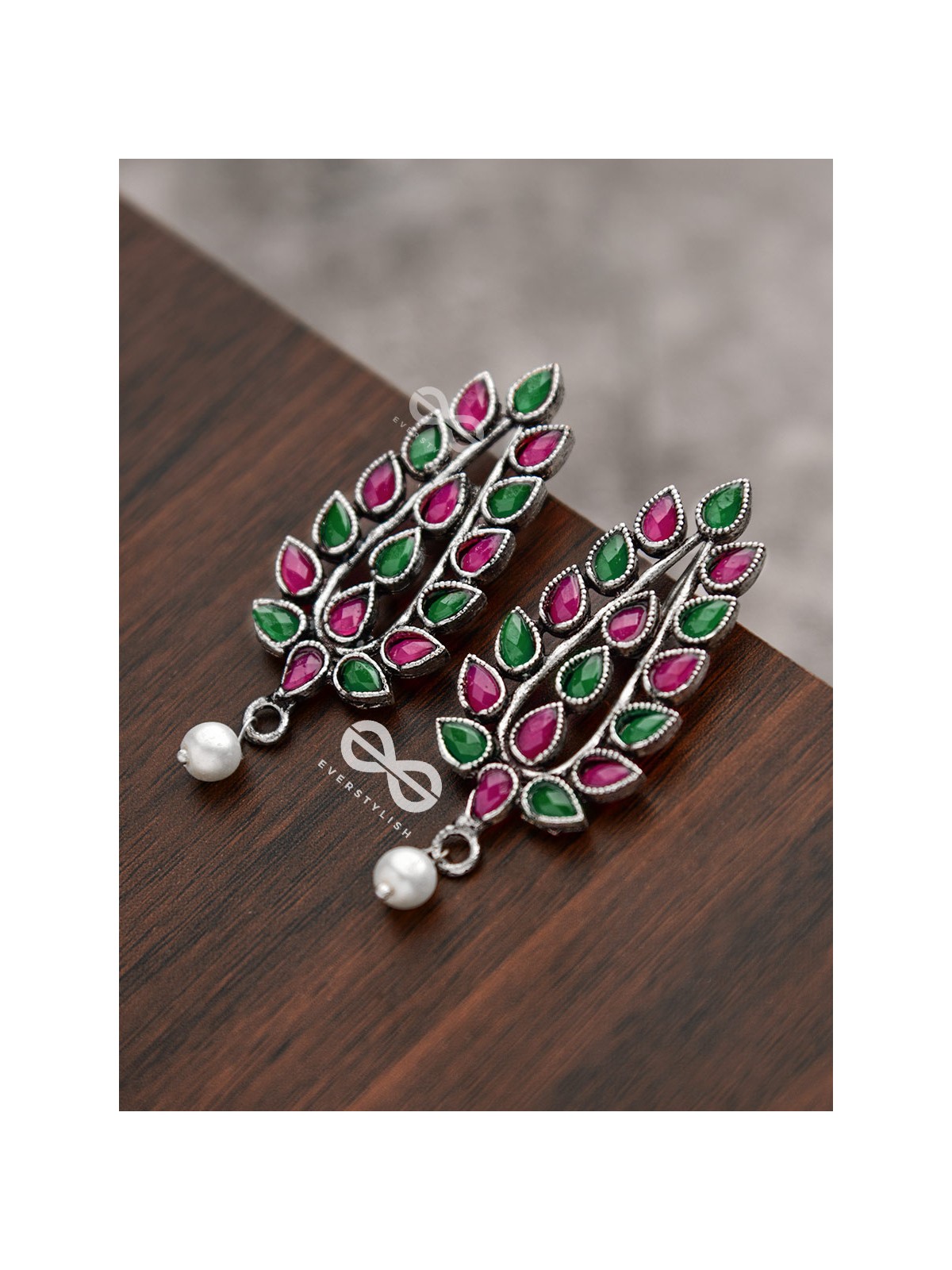 The Shimmering Leaves (Ruby Emerald)- Embellished Oxidised Earrings