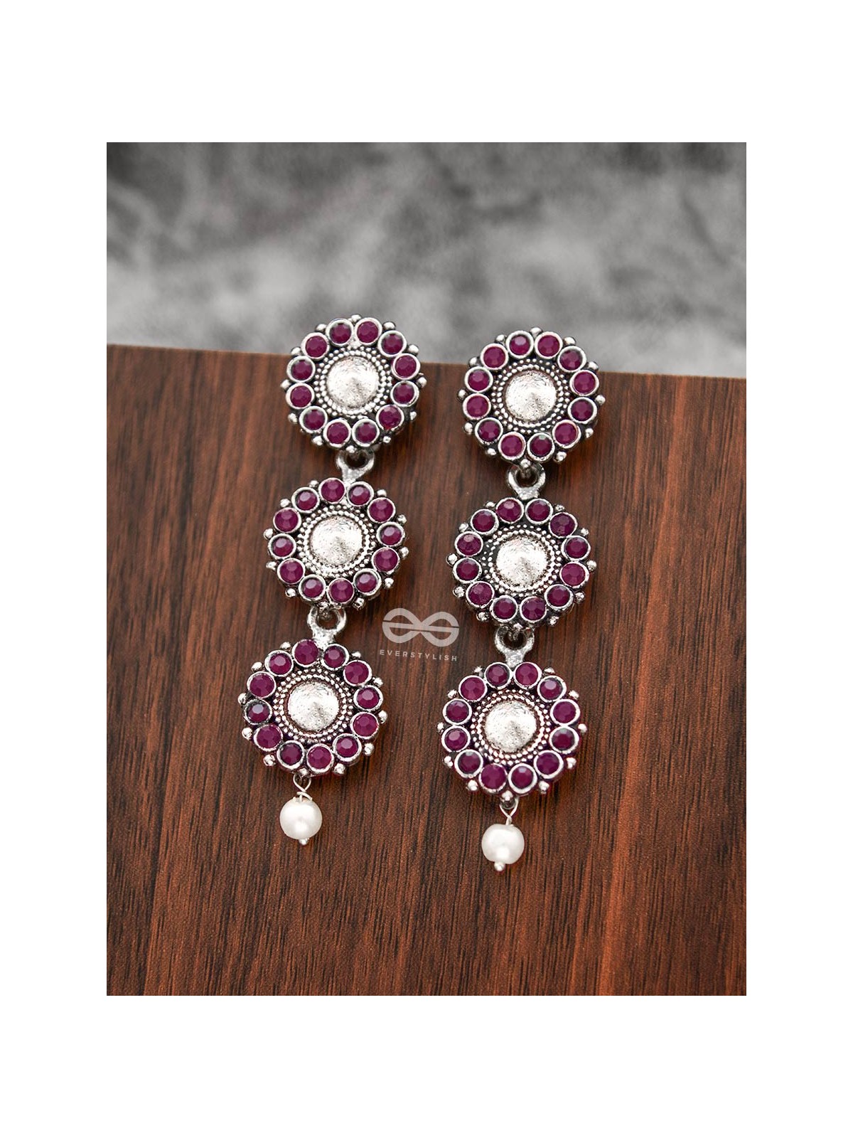 The Layered Boho Danglers (Ruby Red) - Embellished Oxidised Earrings 