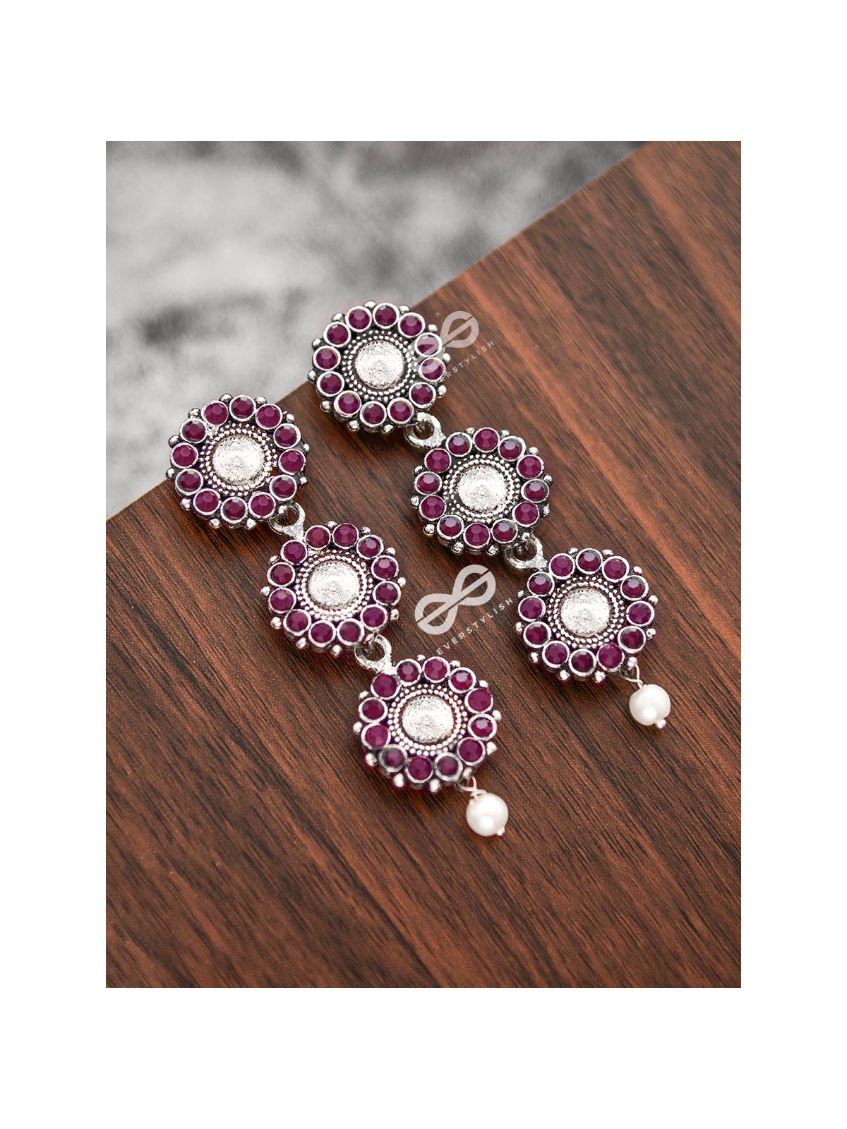 The Layered Boho Danglers (Ruby Red) - Embellished Oxidised Earrings 