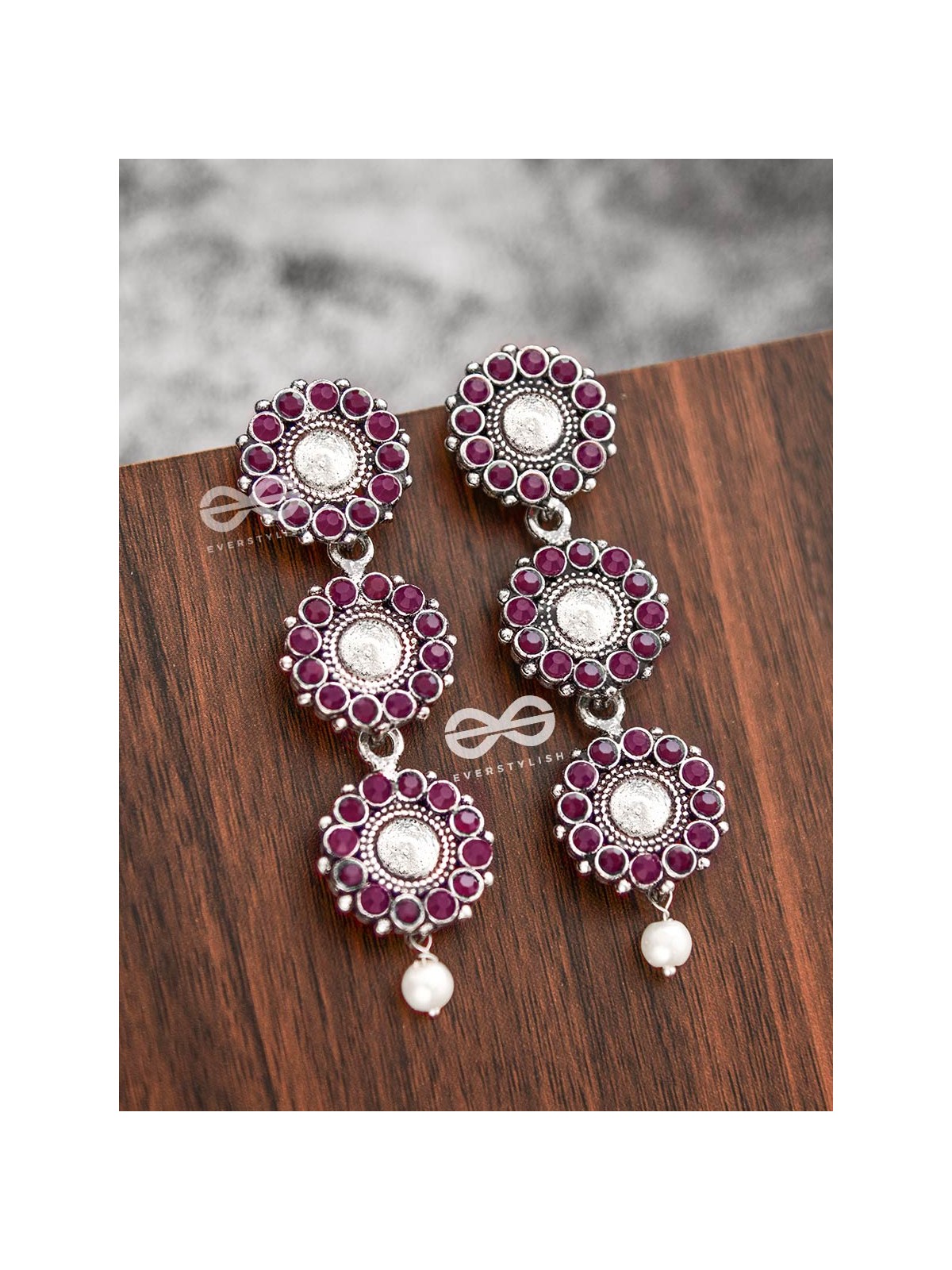 The Layered Boho Danglers (Ruby Red) - Embellished Oxidised Earrings 