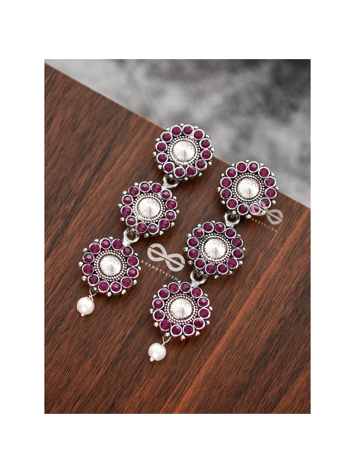 The Layered Boho Danglers (Ruby Red) - Embellished Oxidised Earrings 