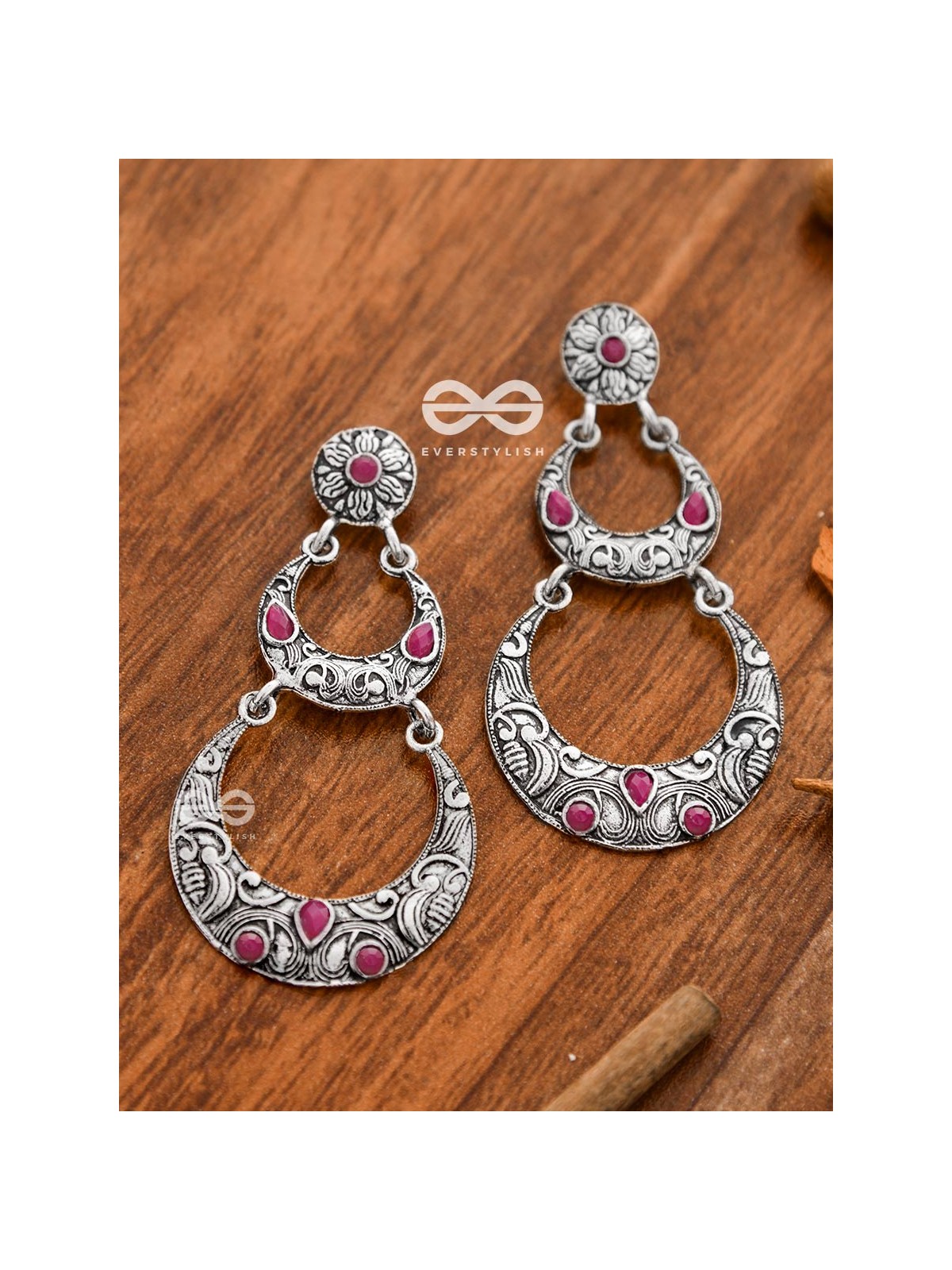 The Layered Boho Artwork Danglers (Ruby Red) - Embellished Oxidised Collection