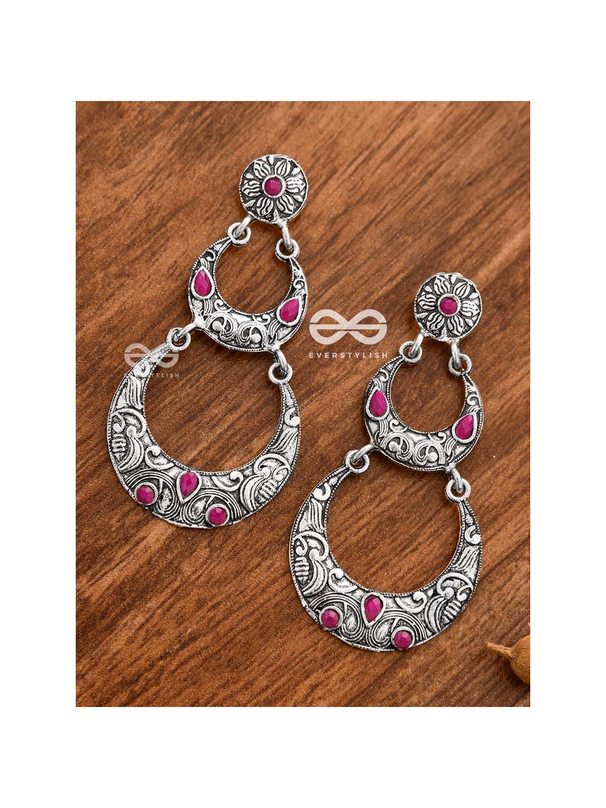 The Layered Boho Artwork Danglers (Ruby Red) - Embellished Oxidised Collection