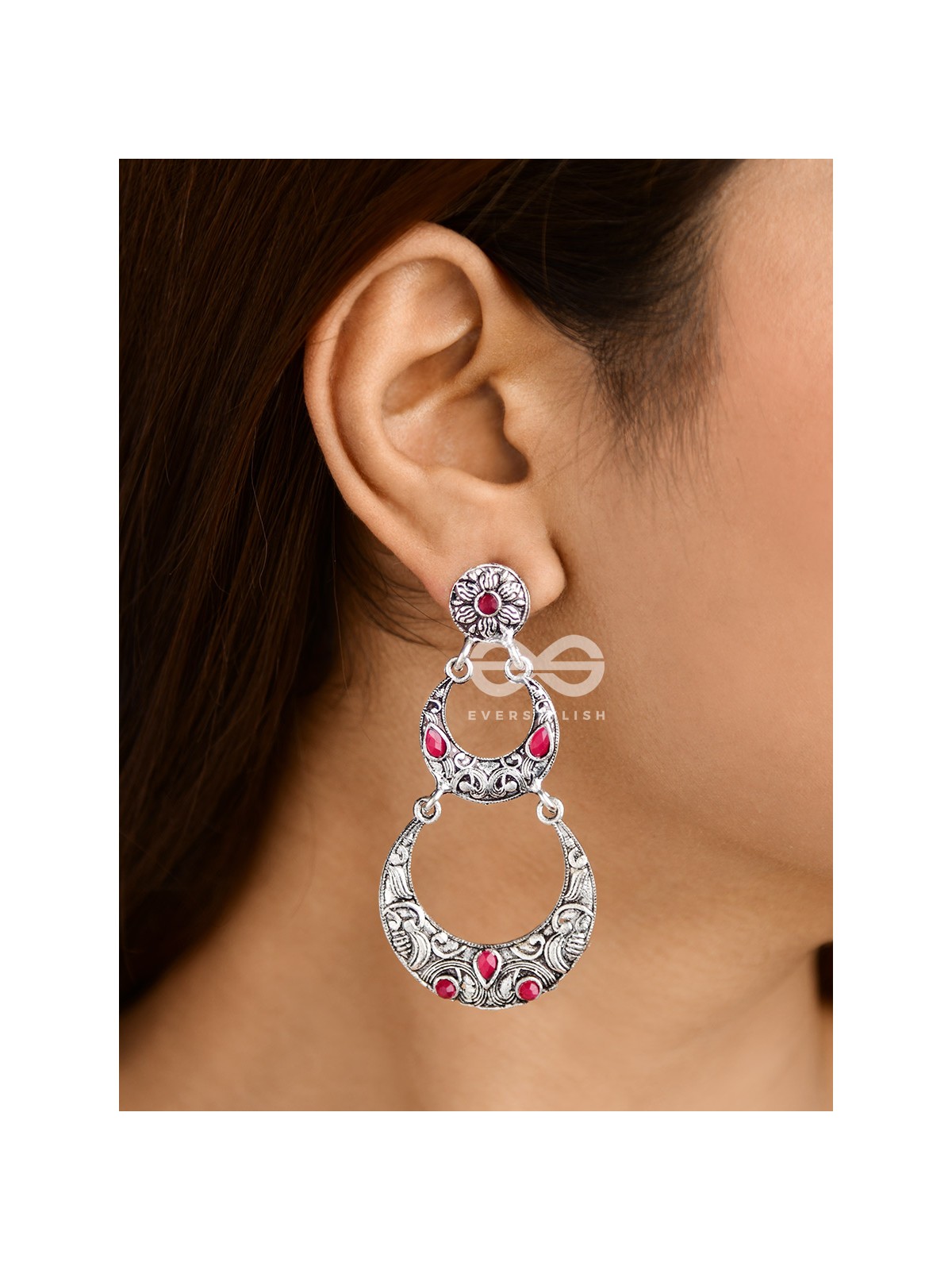 The Layered Boho Artwork Danglers (Ruby Red) - Embellished Oxidised Collection