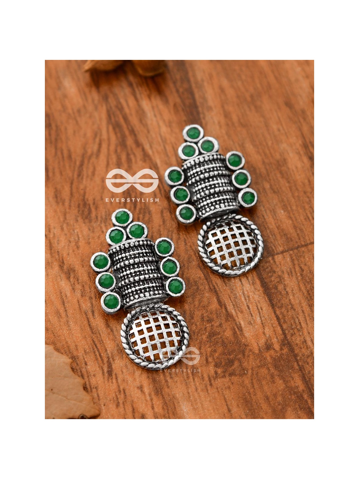 God in the Details (Emerald Green) - Embellished Oxidised Studs