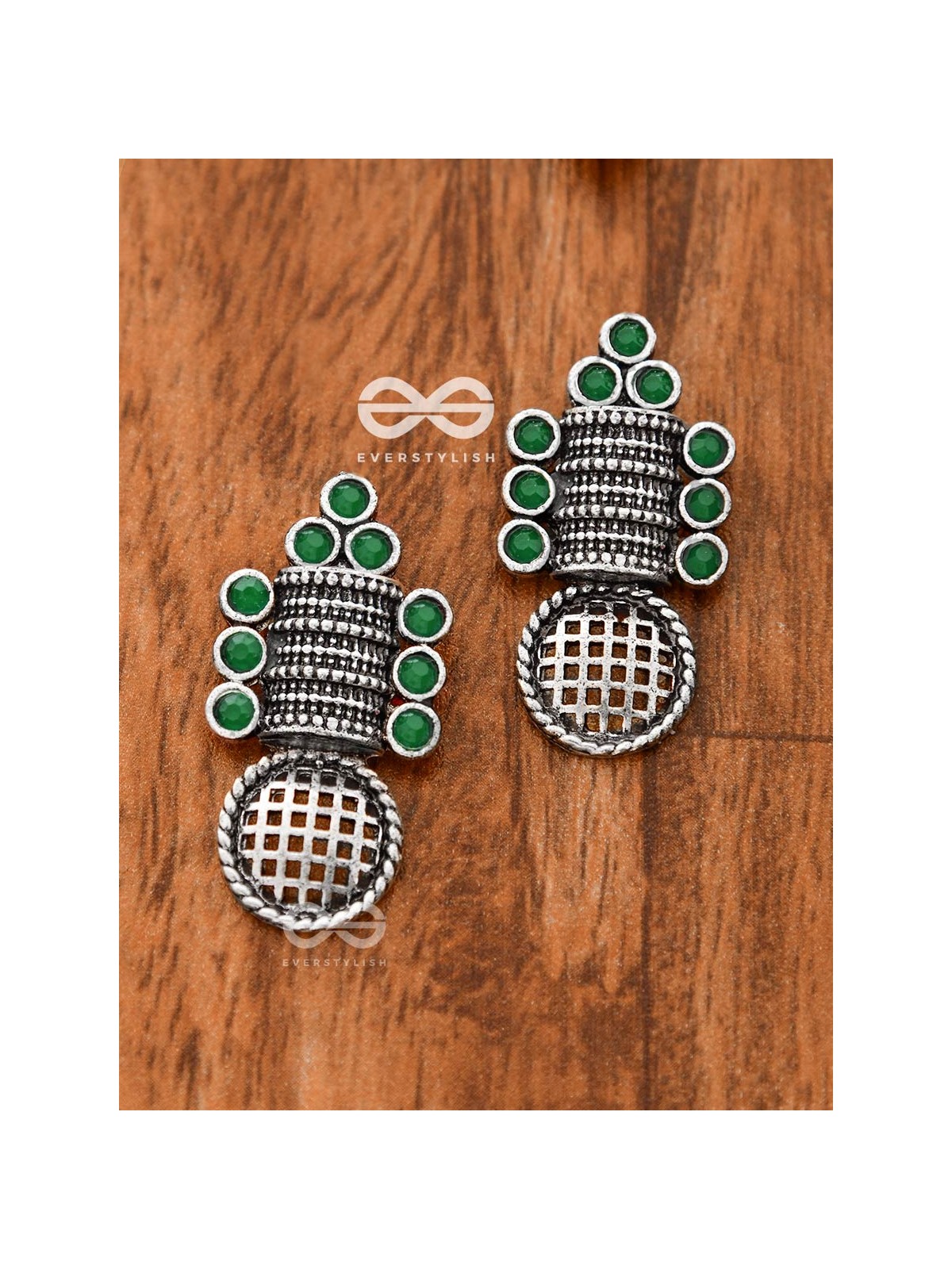 God in the Details (Emerald Green) - Embellished Oxidised Studs