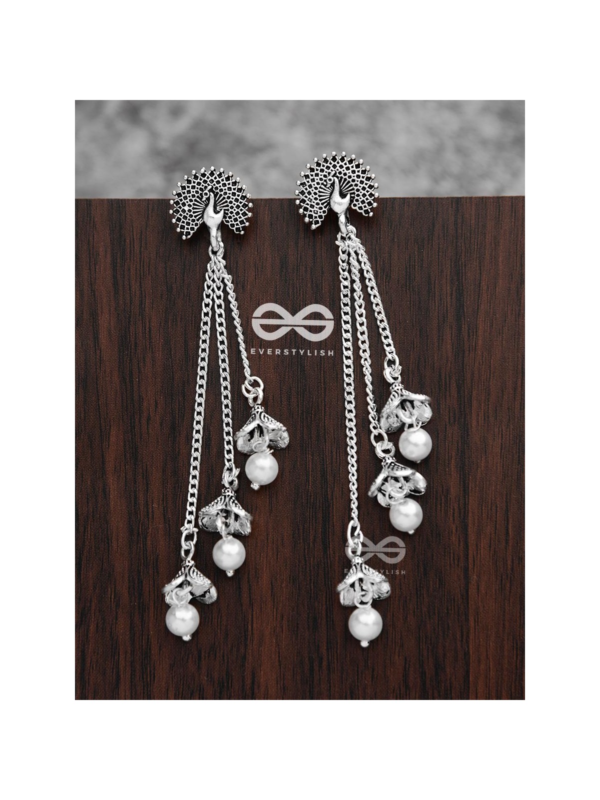 The Fanning Peacock Triple Pearl Jhumkis - Oxidised Boho Earrings
