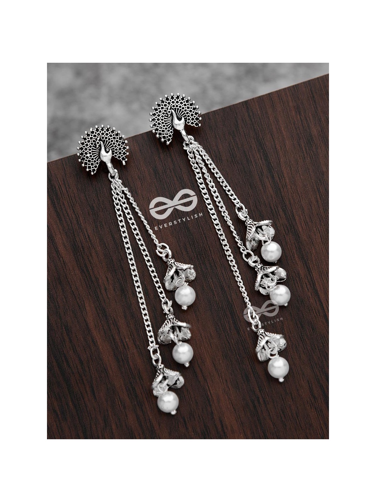 The Fanning Peacock Triple Pearl Jhumkis - Oxidised Boho Earrings