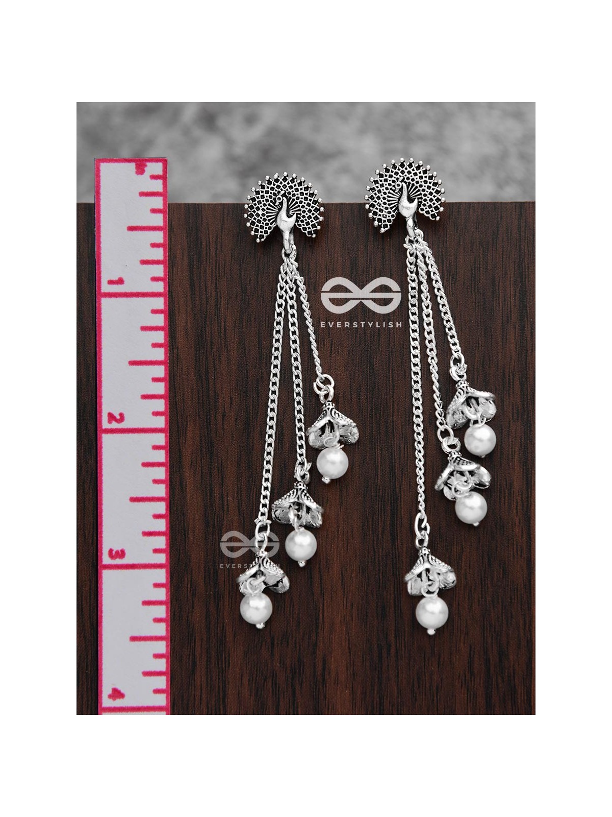 The Fanning Peacock Triple Pearl Jhumkis - Oxidised Boho Earrings