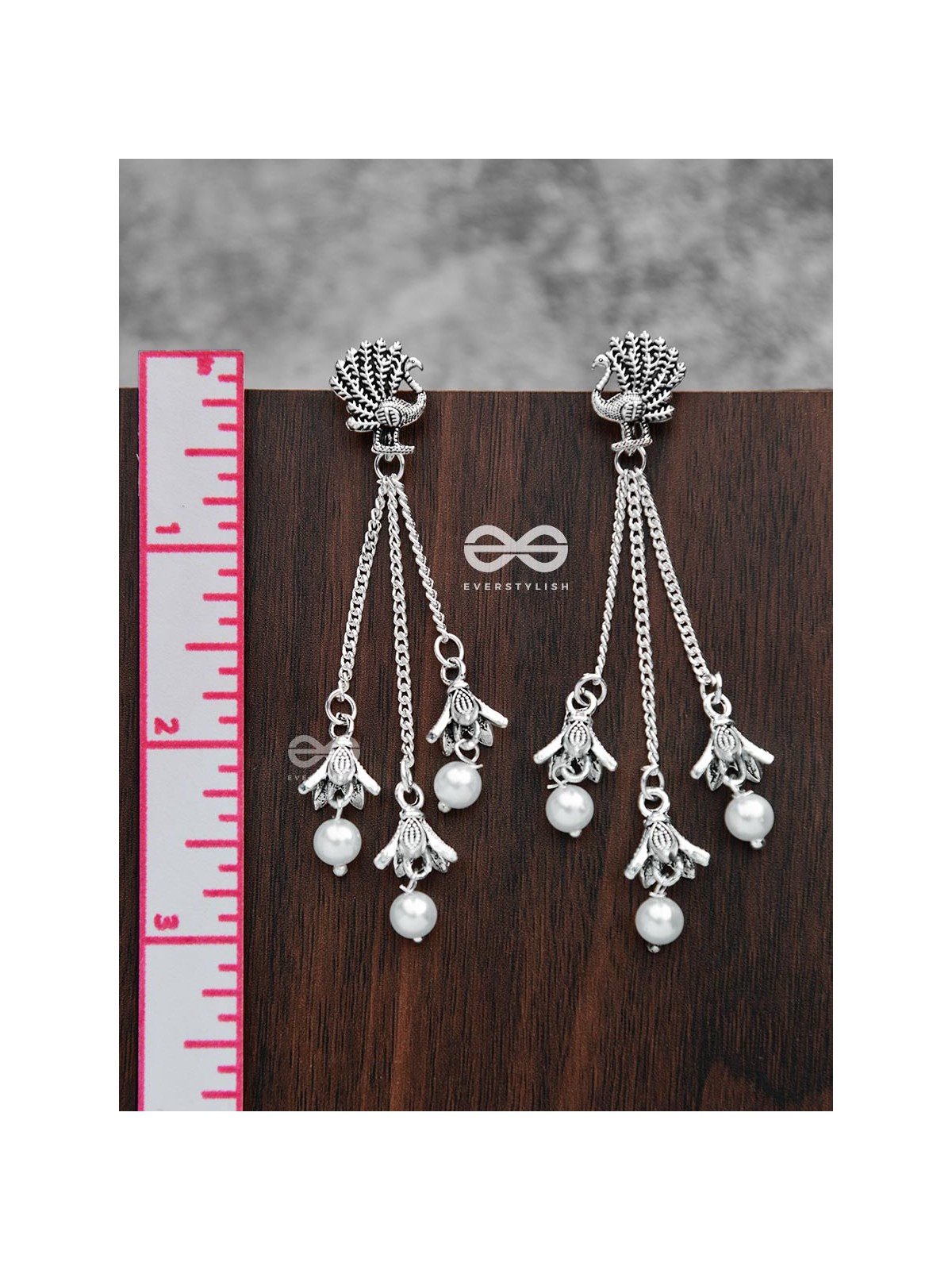 The Pristine Peacock Triple Pearl Jhumkis - Oxidised Boho Earrings