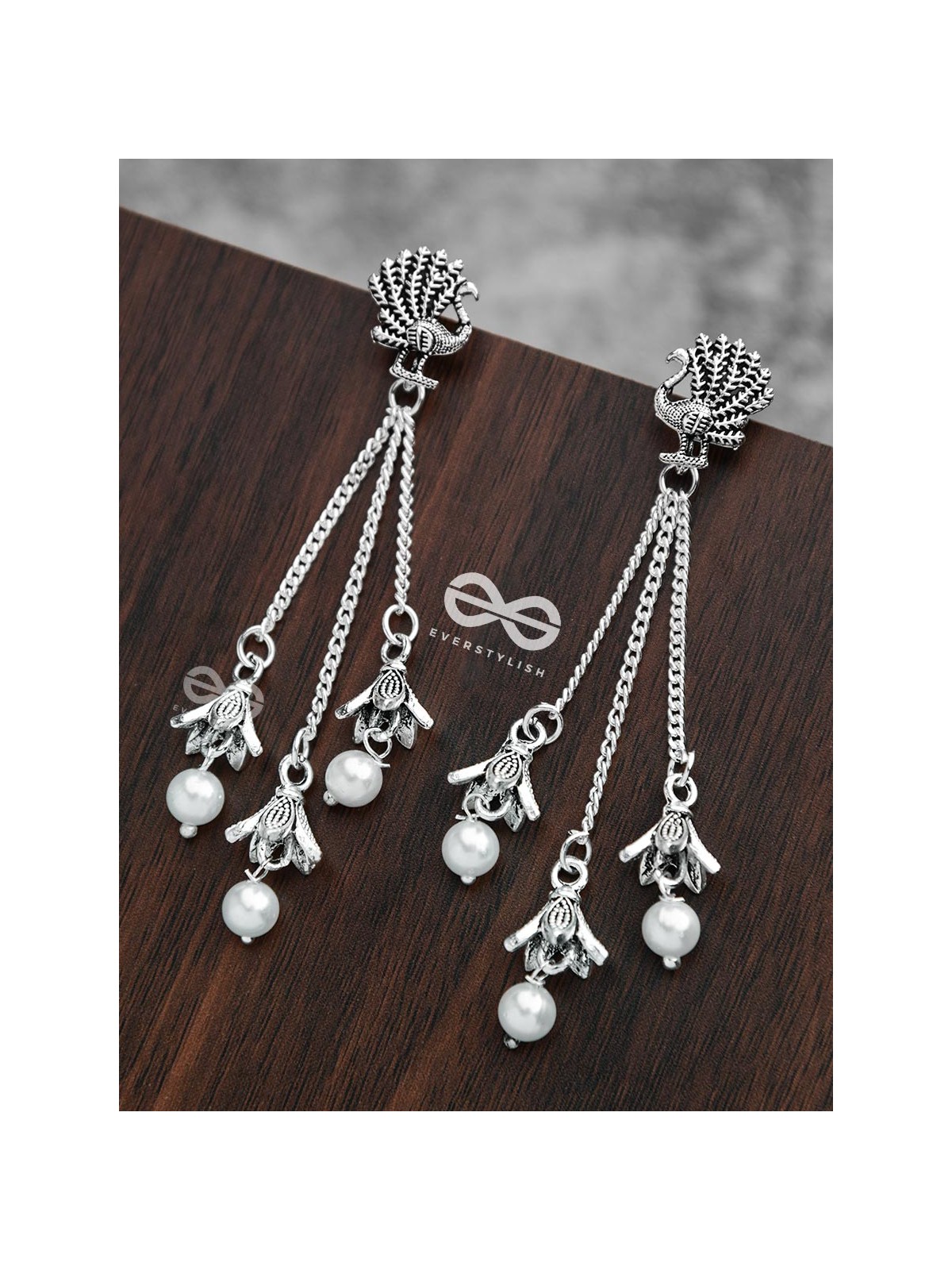 The Pristine Peacock Triple Pearl Jhumkis - Oxidised Boho Earrings