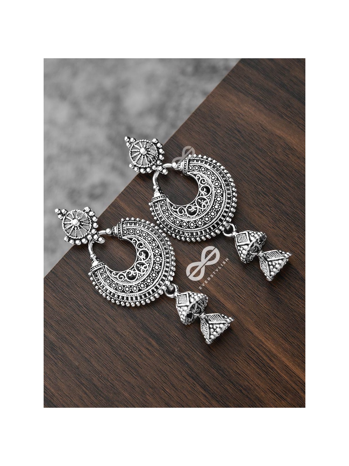 The Motif Moon Double Layered Jhumkis (Silver)