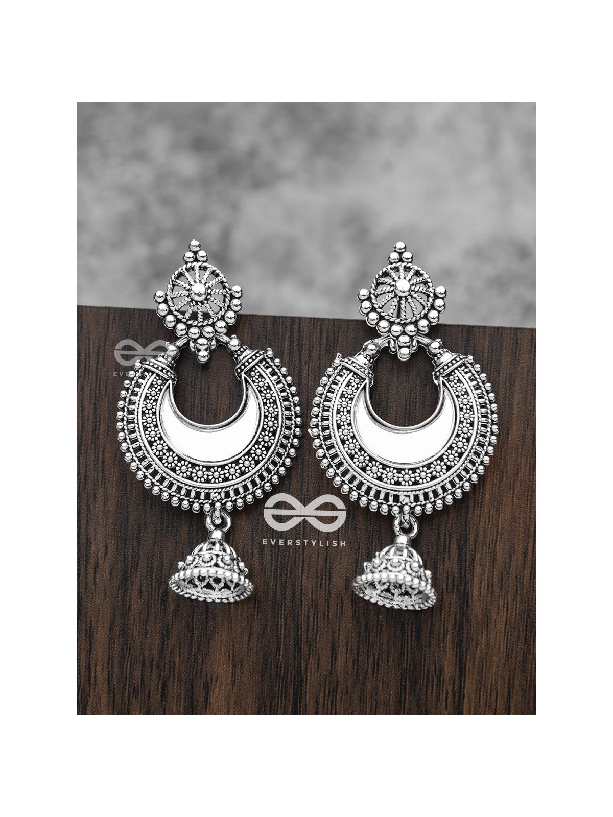 The Intricate Mirror Moon Jhumkis - Oxidised Boho Earrings