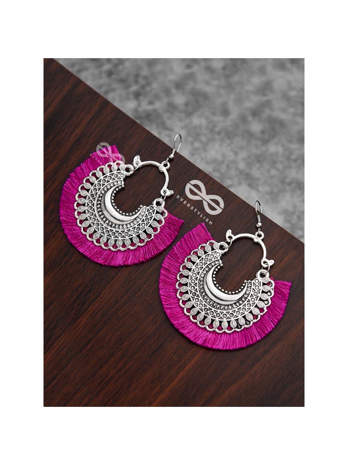The Tasselled Motif Moons (fuchsia) - Oxidised Boho Earrings