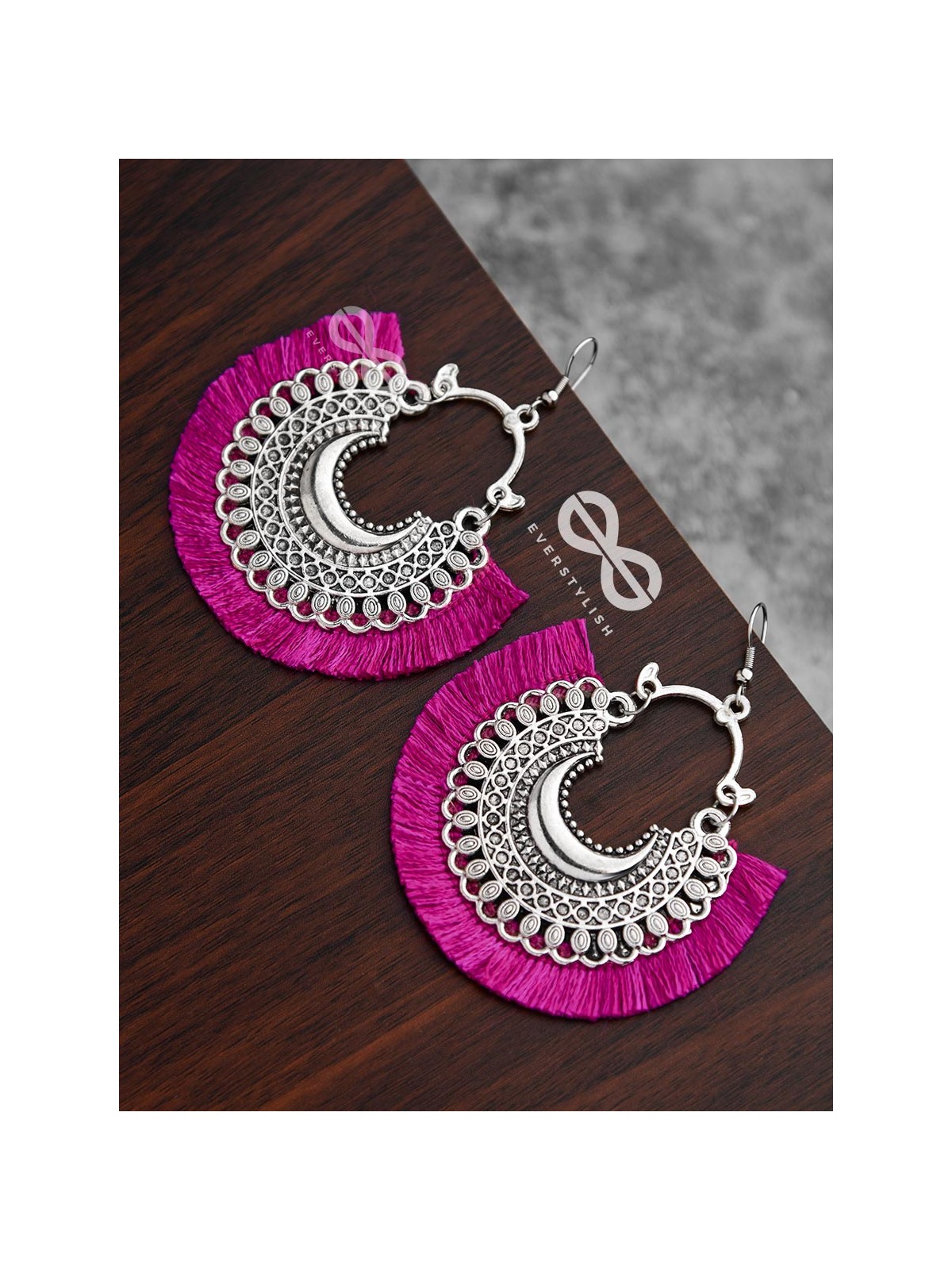 The Tasselled Motif Moons (fuchsia) - Oxidised Boho Earrings