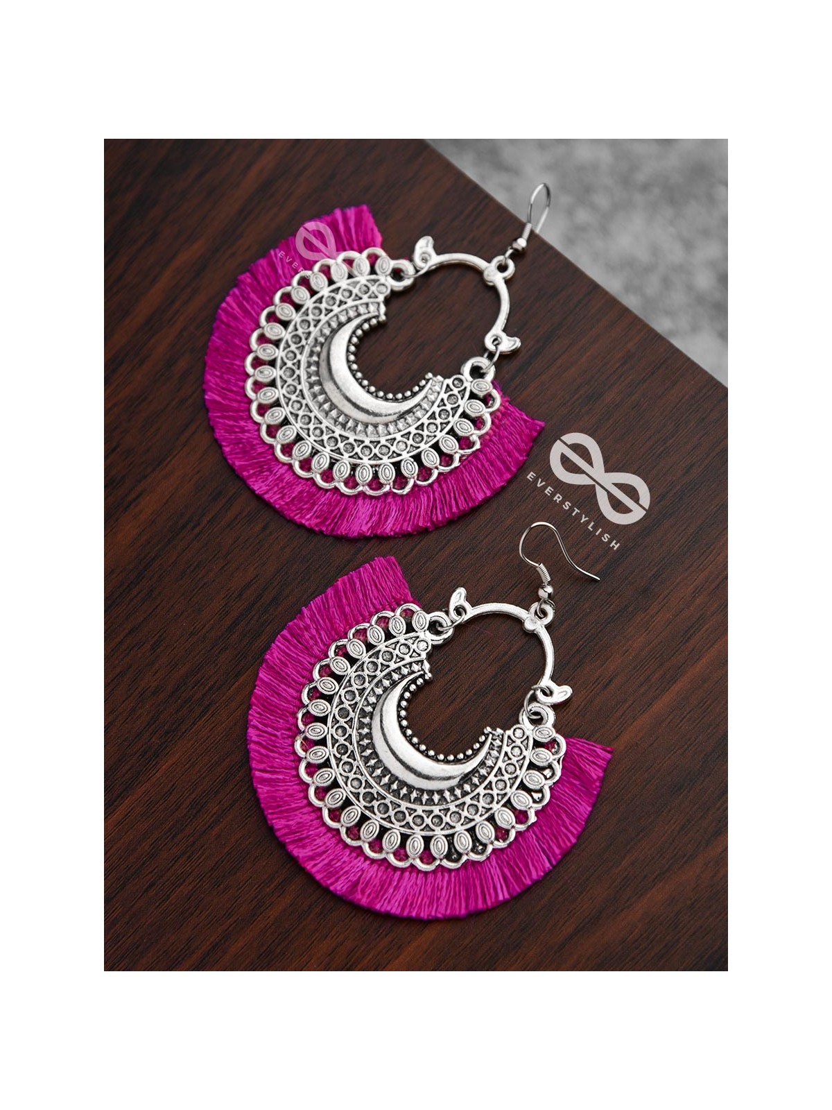The Tasselled Motif Moons (fuchsia) - Oxidised Boho Earrings