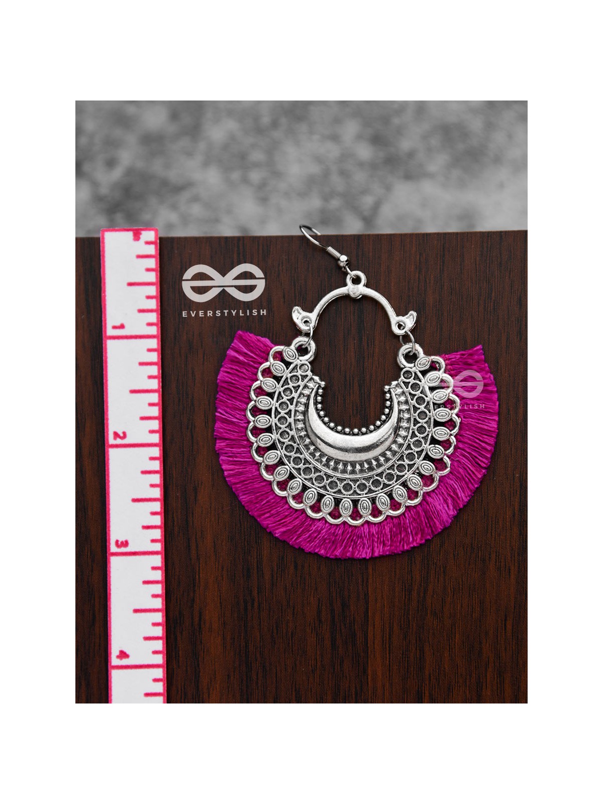 The Tasselled Motif Moons (fuchsia) - Oxidised Boho Earrings