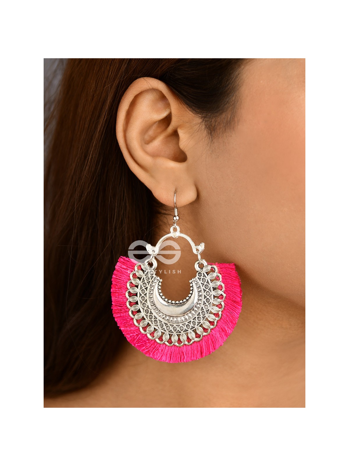 The Tasselled Motif Moons (fuchsia) - Oxidised Boho Earrings