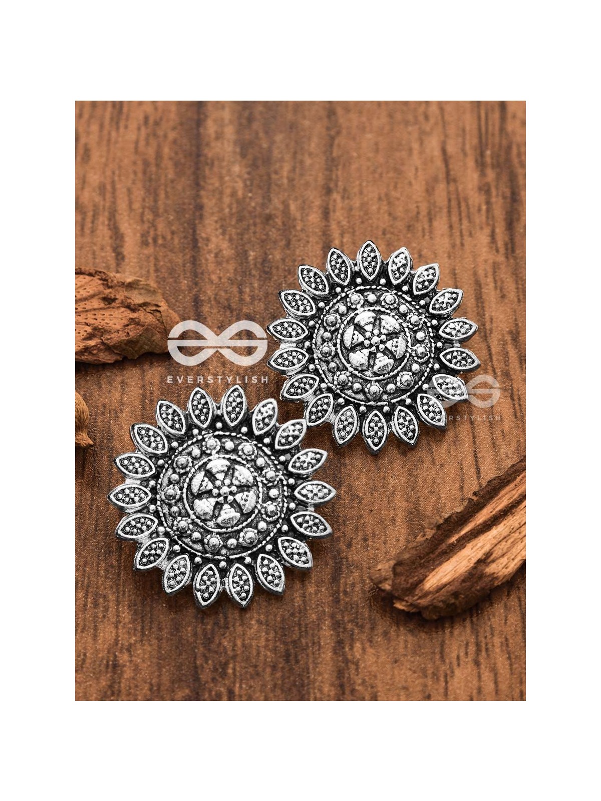 The Aztec Intricate Sun - Oxidised Boho Studs
