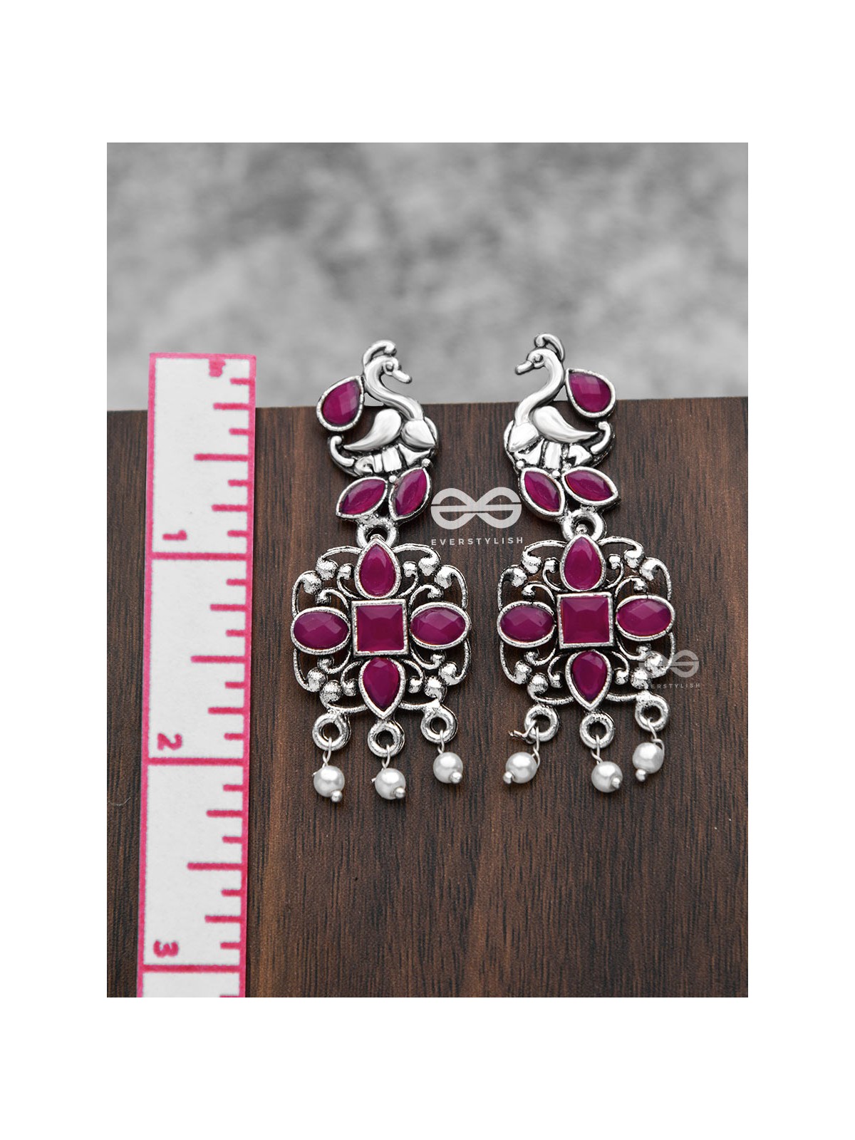 The Artsy Peacock Danglers (Ruby Red) - Embellished Oxidised Collection