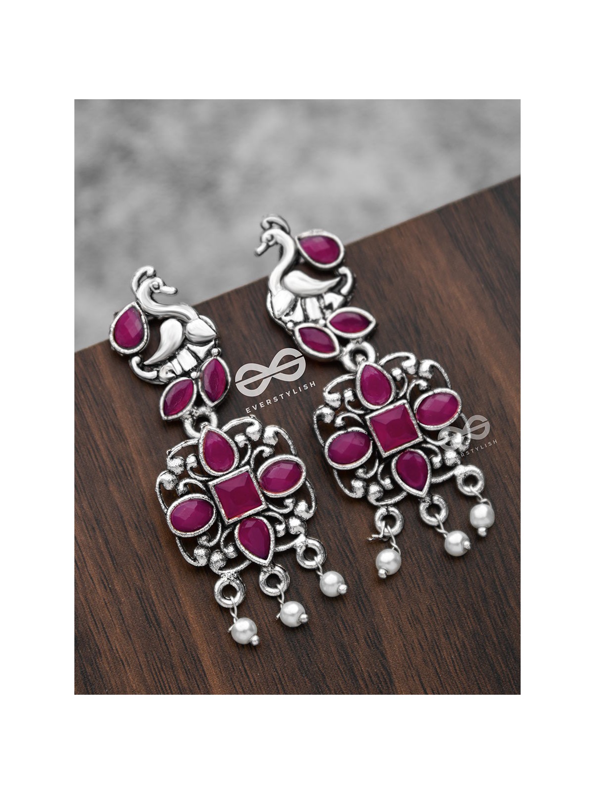 The Artsy Peacock Danglers (Ruby Red) - Embellished Oxidised Collection