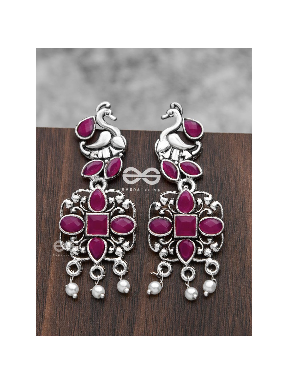 The Artsy Peacock Danglers (Ruby Red) - Embellished Oxidised Collection