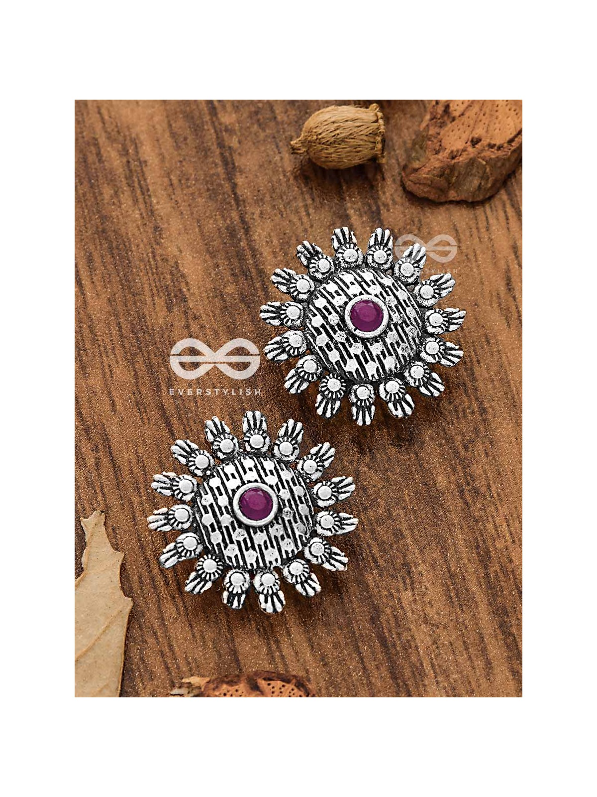 The Bohemian Intricate Sun (Ruby Red) - Embellished Oxidised Studs