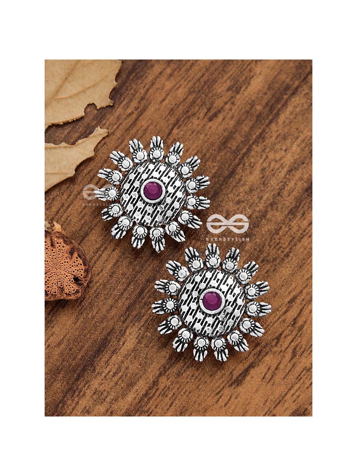 The Bohemian Intricate Sun (Ruby Red) - Embellished Oxidised Studs