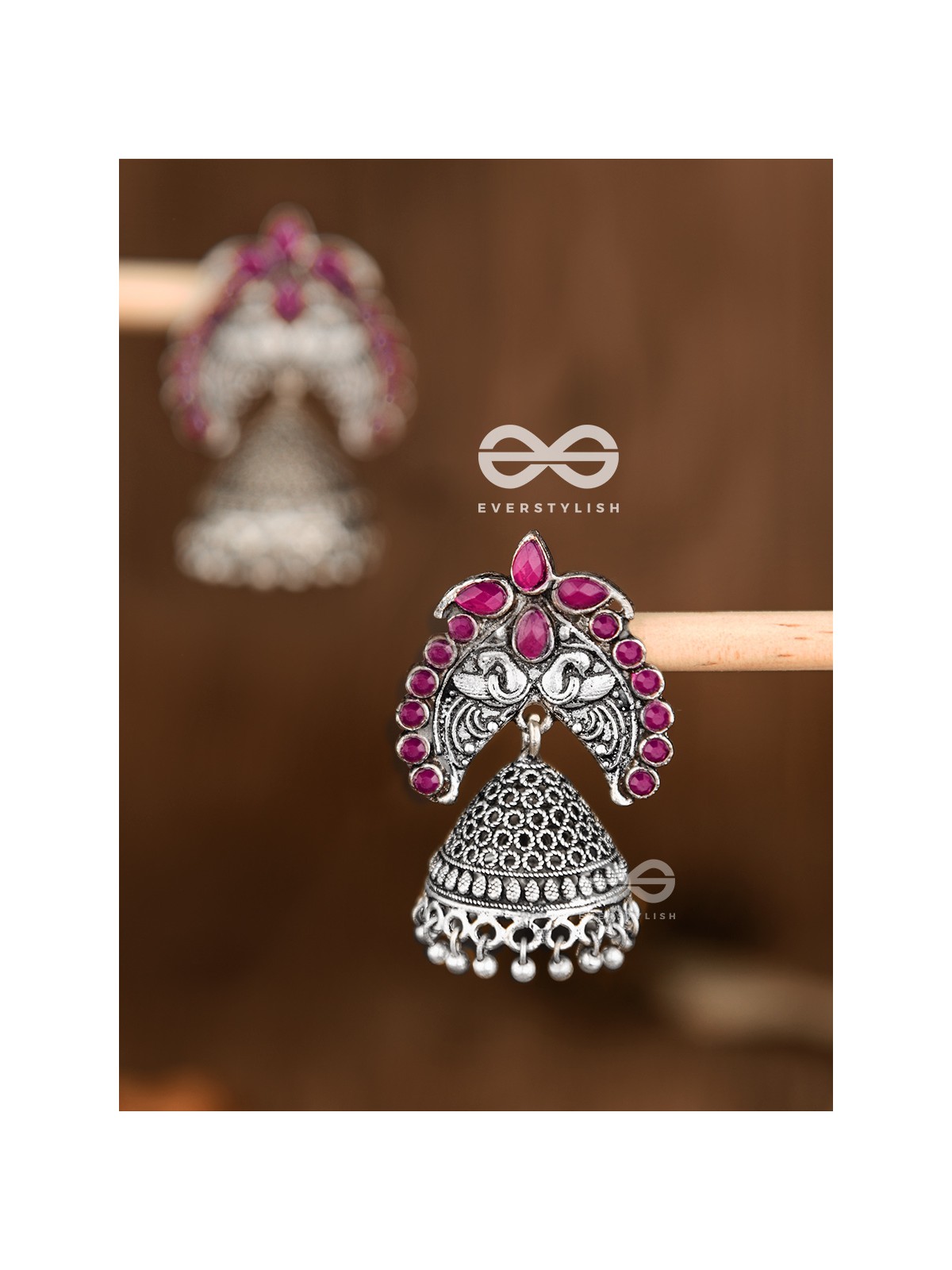 The Incredibly Indian Artwork Jhumkas (Ruby Red) - Embellished Oxidised Collection