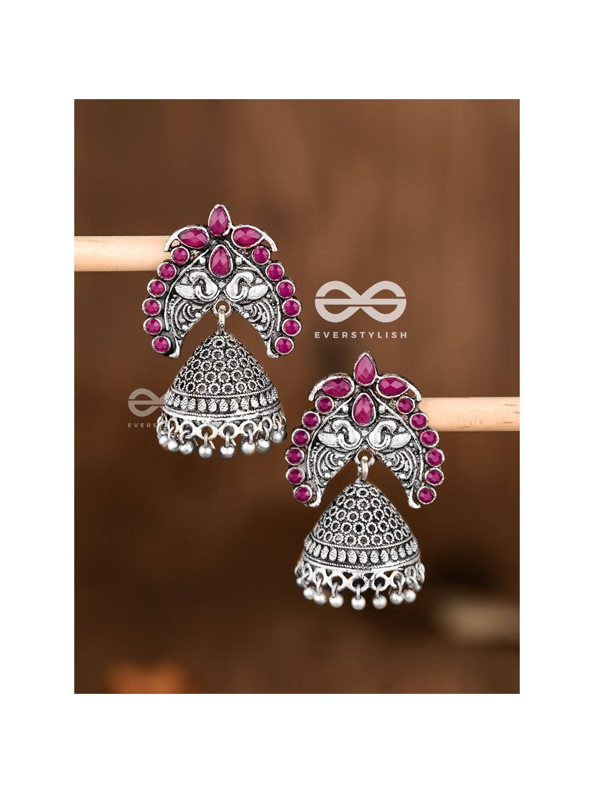 The Incredibly Indian Artwork Jhumkas (Ruby Red) - Embellished Oxidised Collection
