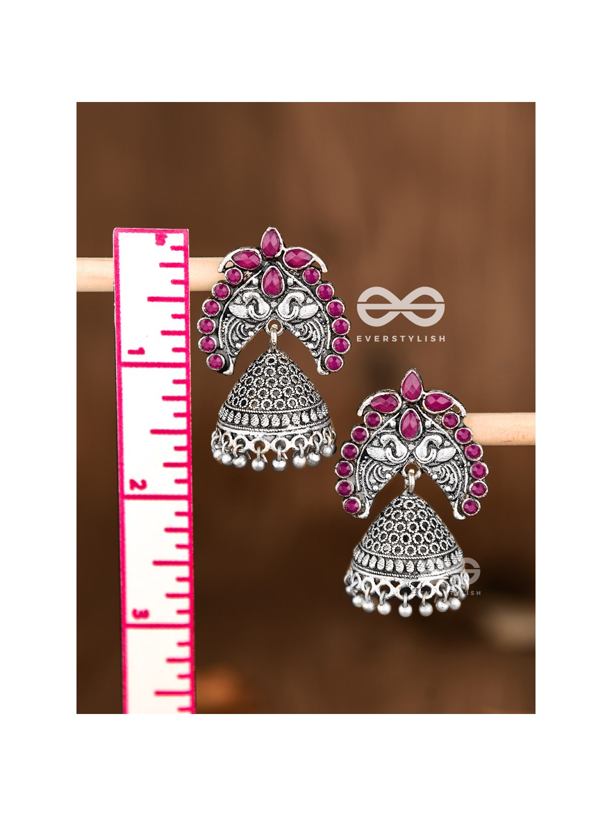 The Incredibly Indian Artwork Jhumkas (Ruby Red) - Embellished Oxidised Collection