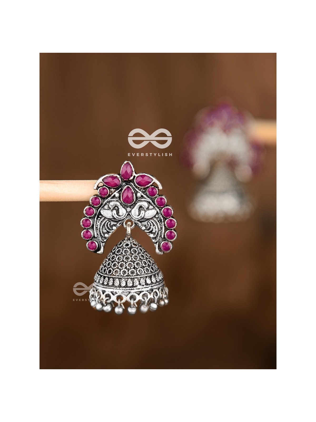 The Incredibly Indian Artwork Jhumkas (Ruby Red) - Embellished Oxidised Collection
