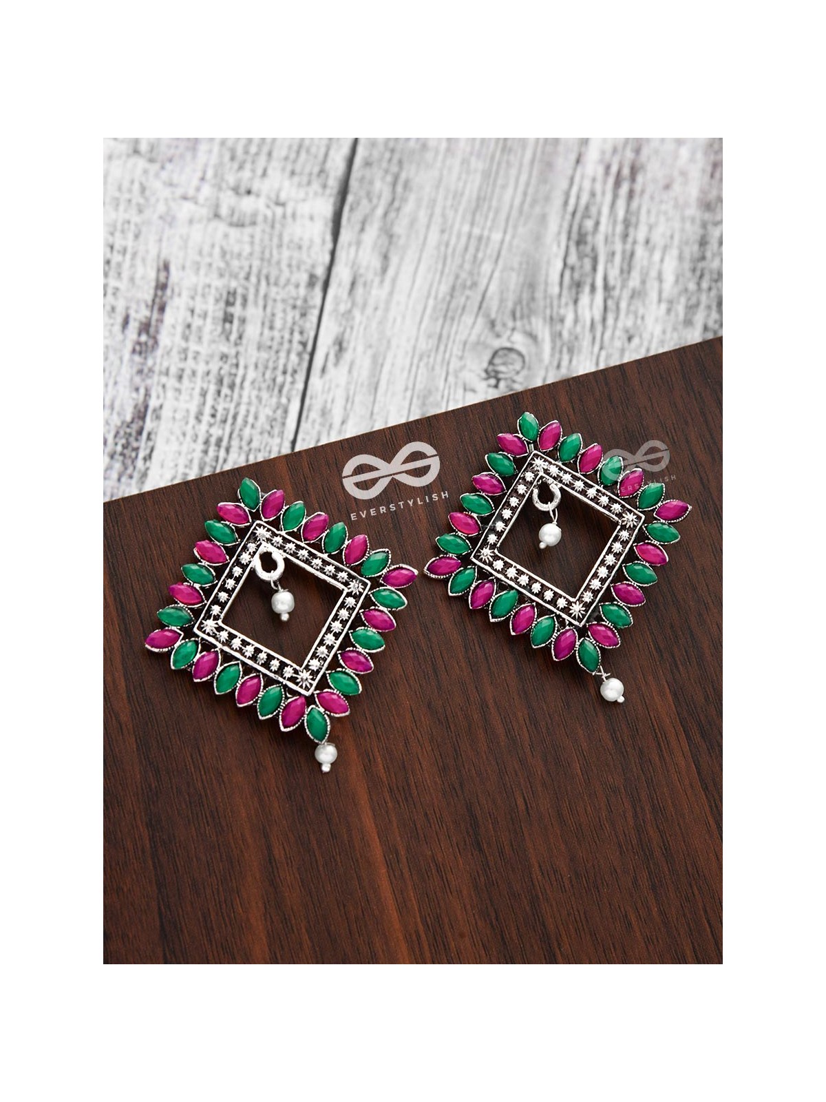 The Elegance Squared Studs (Ruby-Emerald)- Embellished Oxidised Collection