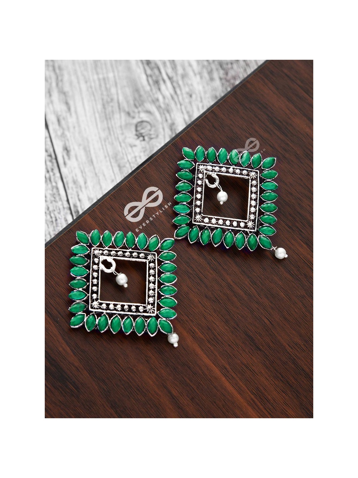 The Elegance Squared Studs (Emerald Green)- Embellished Oxidised Collection