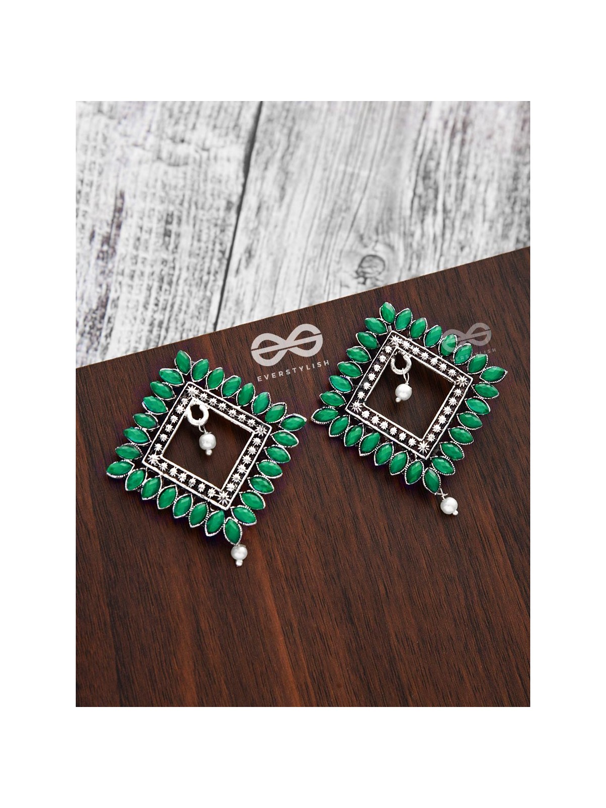 The Elegance Squared Studs (Emerald Green)- Embellished Oxidised Collection