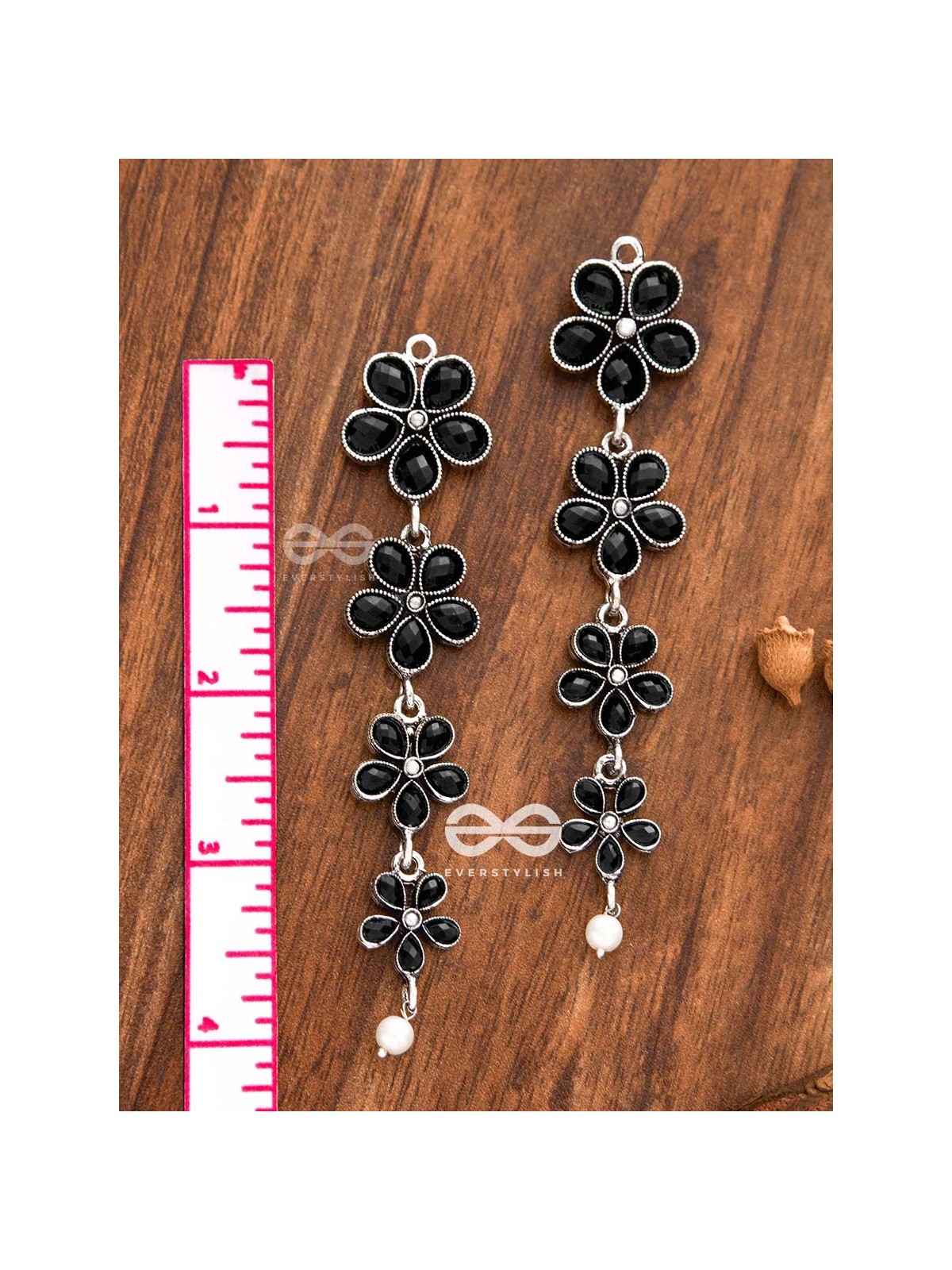 The Four Layered Dangling Floral Studs (Onyx Black) - Embellished Oxidised Collection