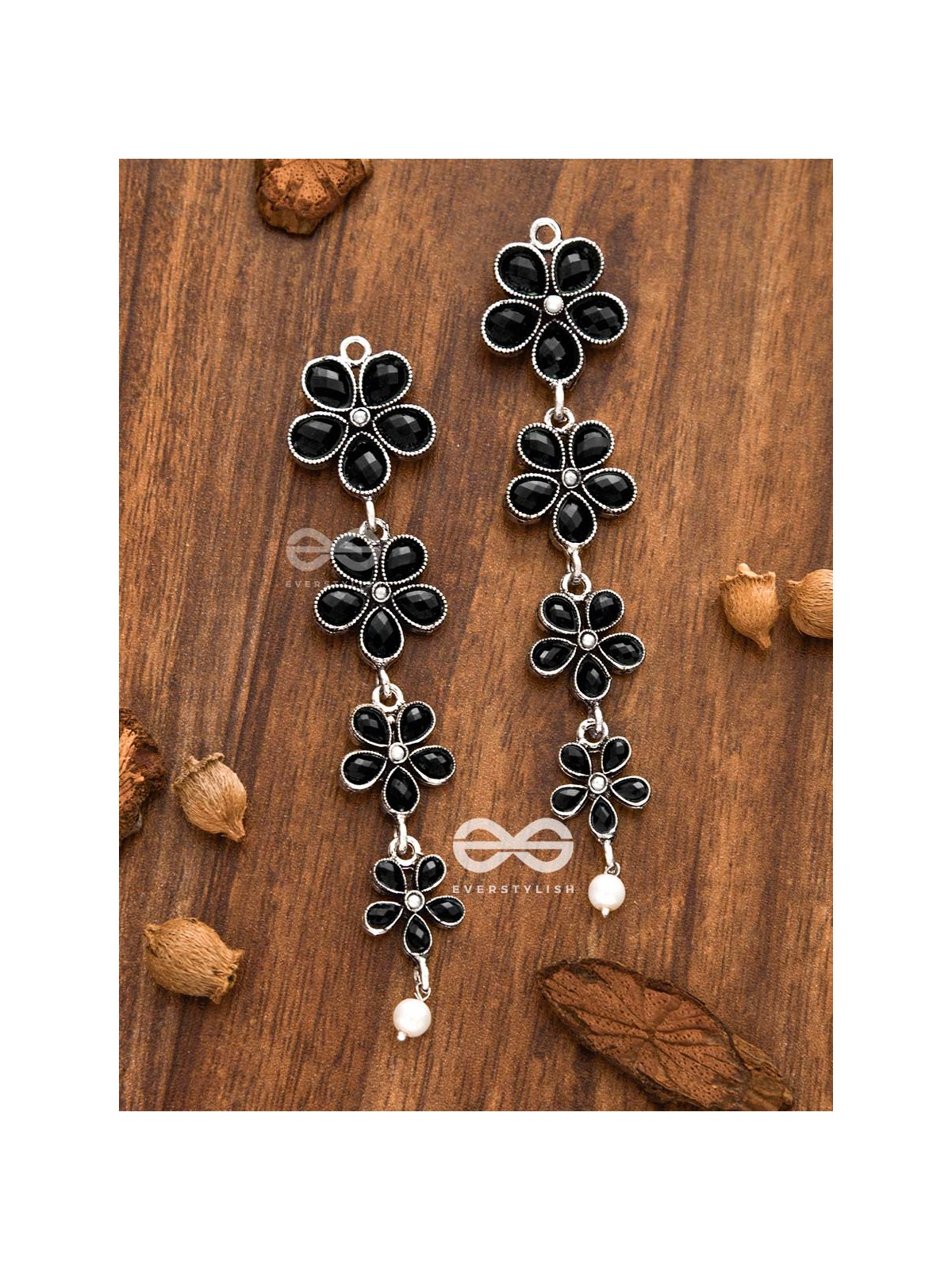 The Four Layered Dangling Floral Studs (Onyx Black) - Embellished Oxidised Collection