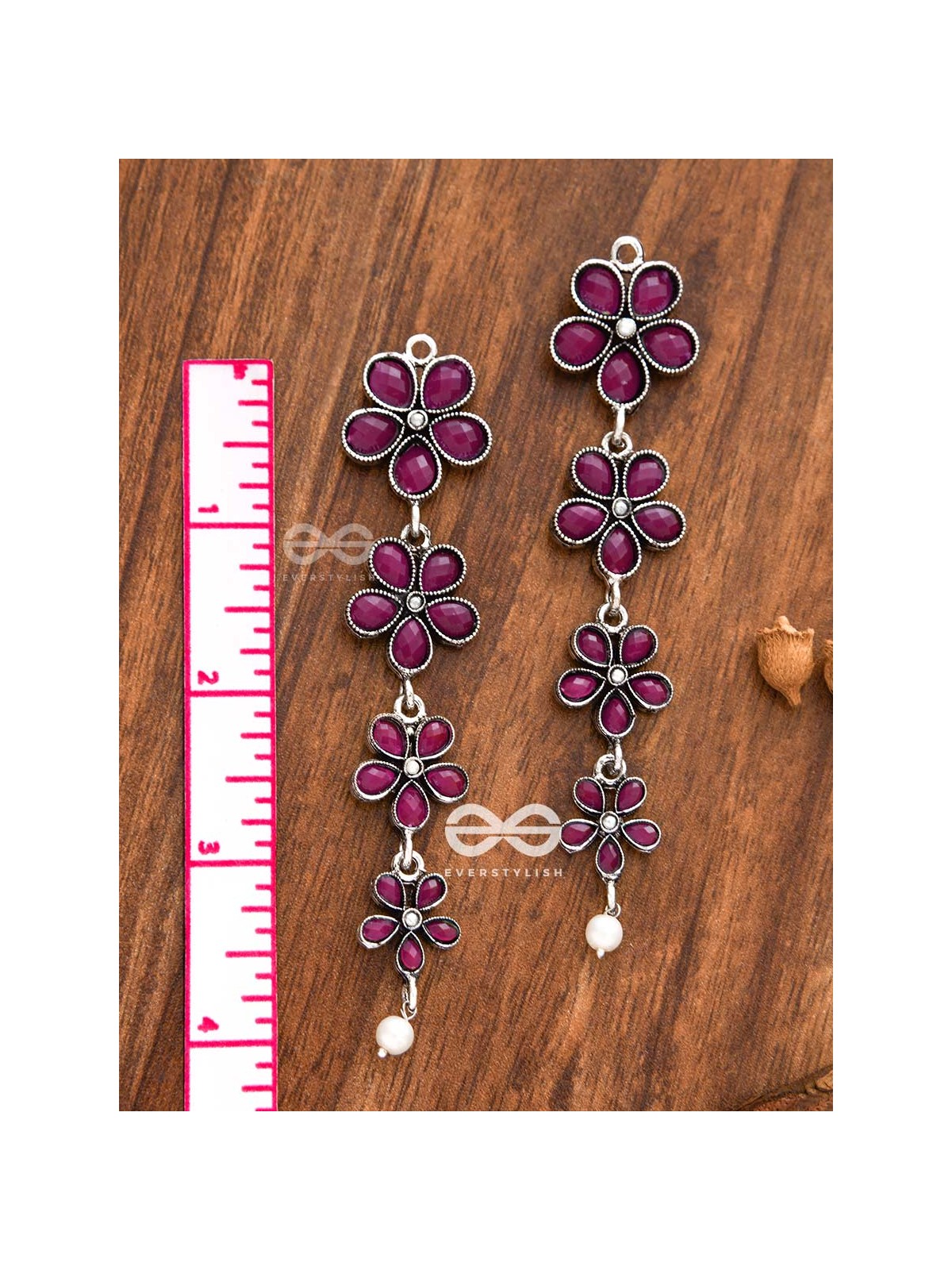 The Four Layered Dangling Floral Studs (Ruby Red) - Embellished Oxidised Collection