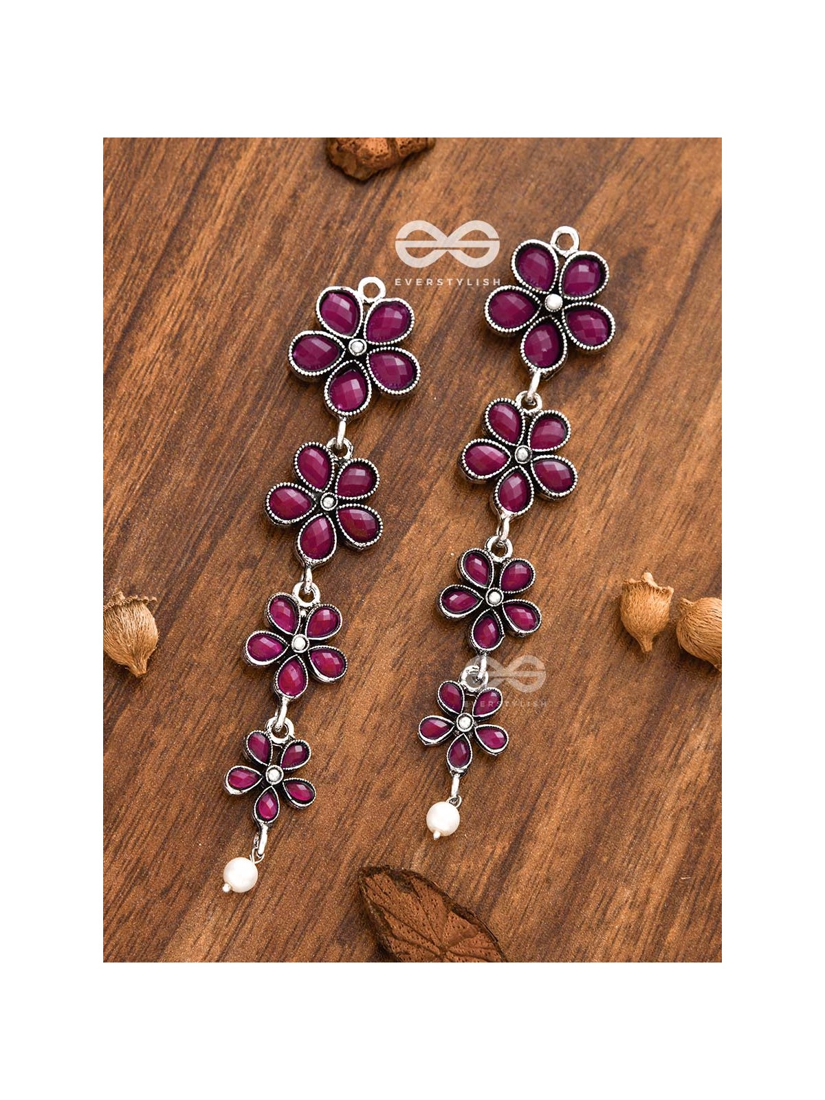 The Four Layered Dangling Floral Studs (Ruby Red) - Embellished Oxidised Collection