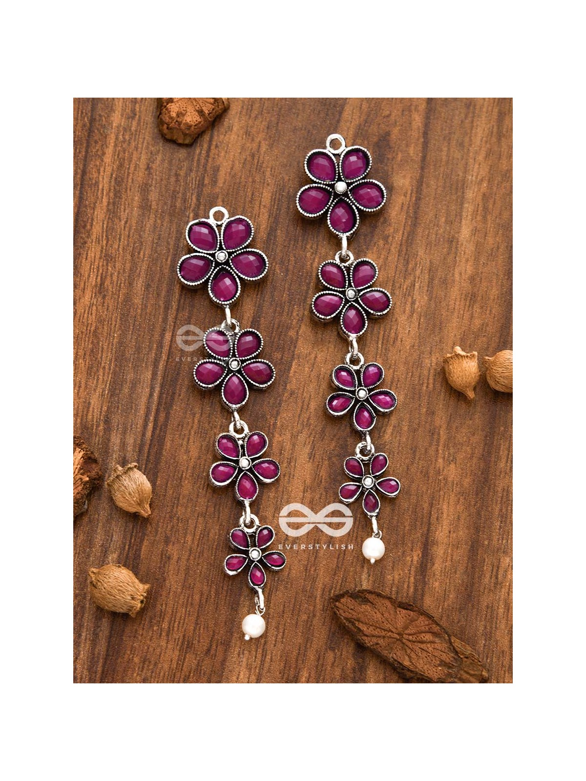 The Four Layered Dangling Floral Studs (Ruby Red) - Embellished Oxidised Collection