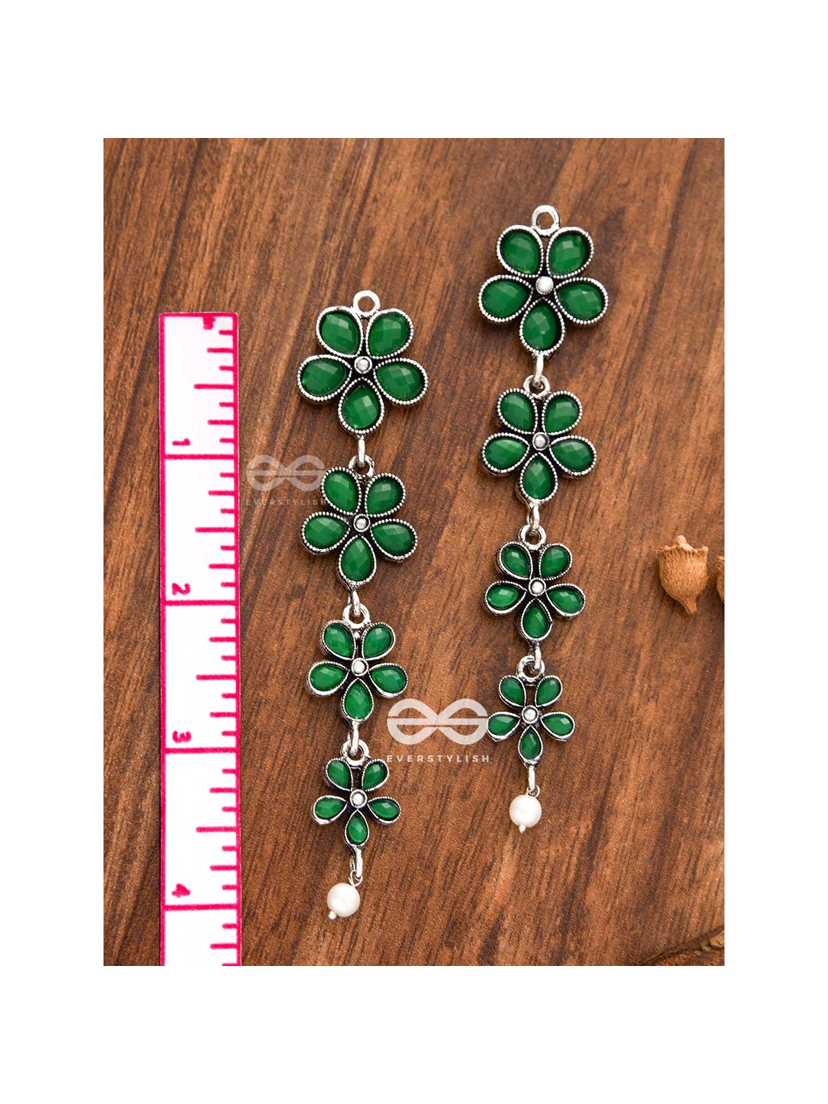 The Four Layered Dangling Floral Studs (Emerald Green) - Embellished Oxidised Collection