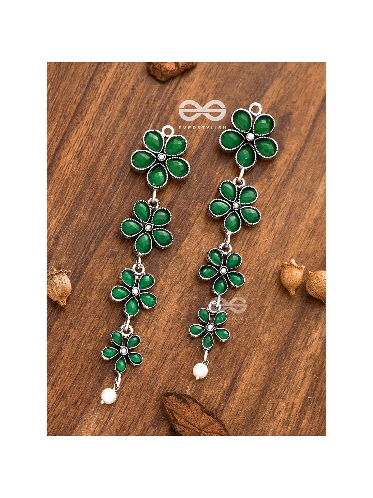 The Four Layered Dangling Floral Studs (Emerald Green) - Embellished Oxidised Collection