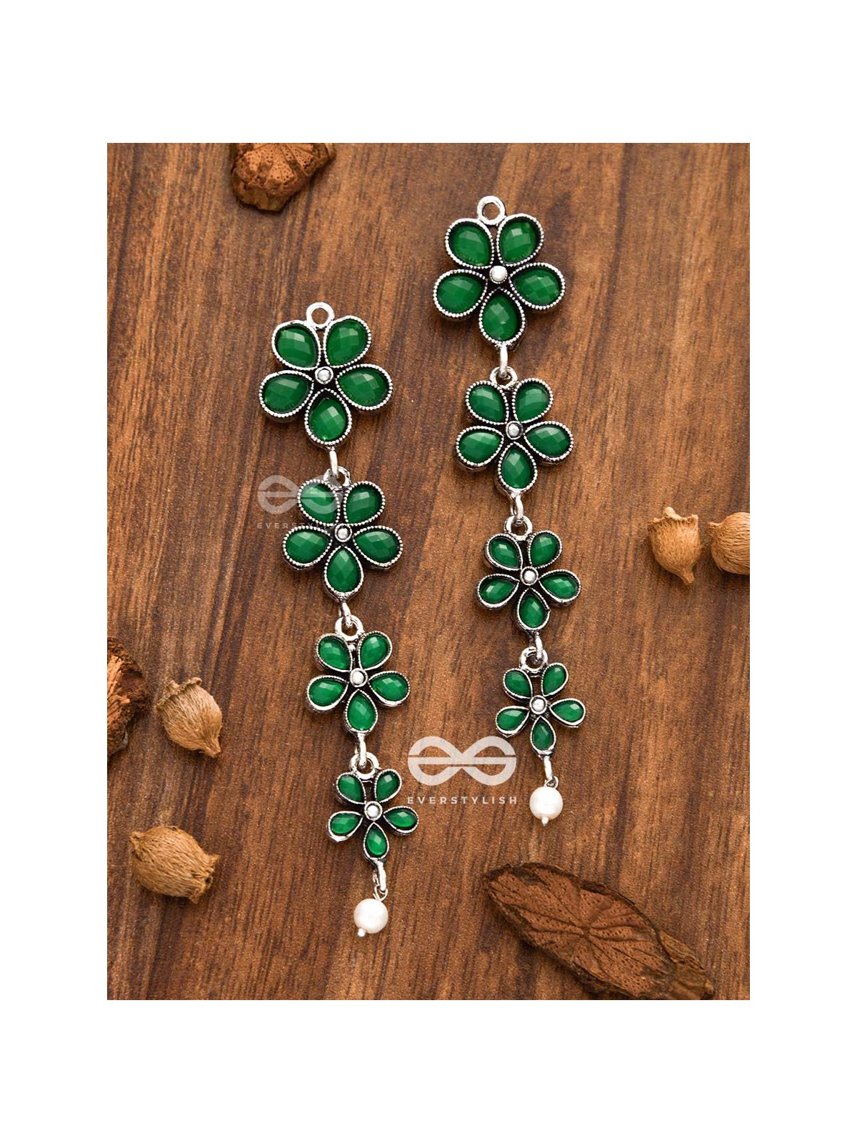 The Four Layered Dangling Floral Studs (Emerald Green) - Embellished Oxidised Collection