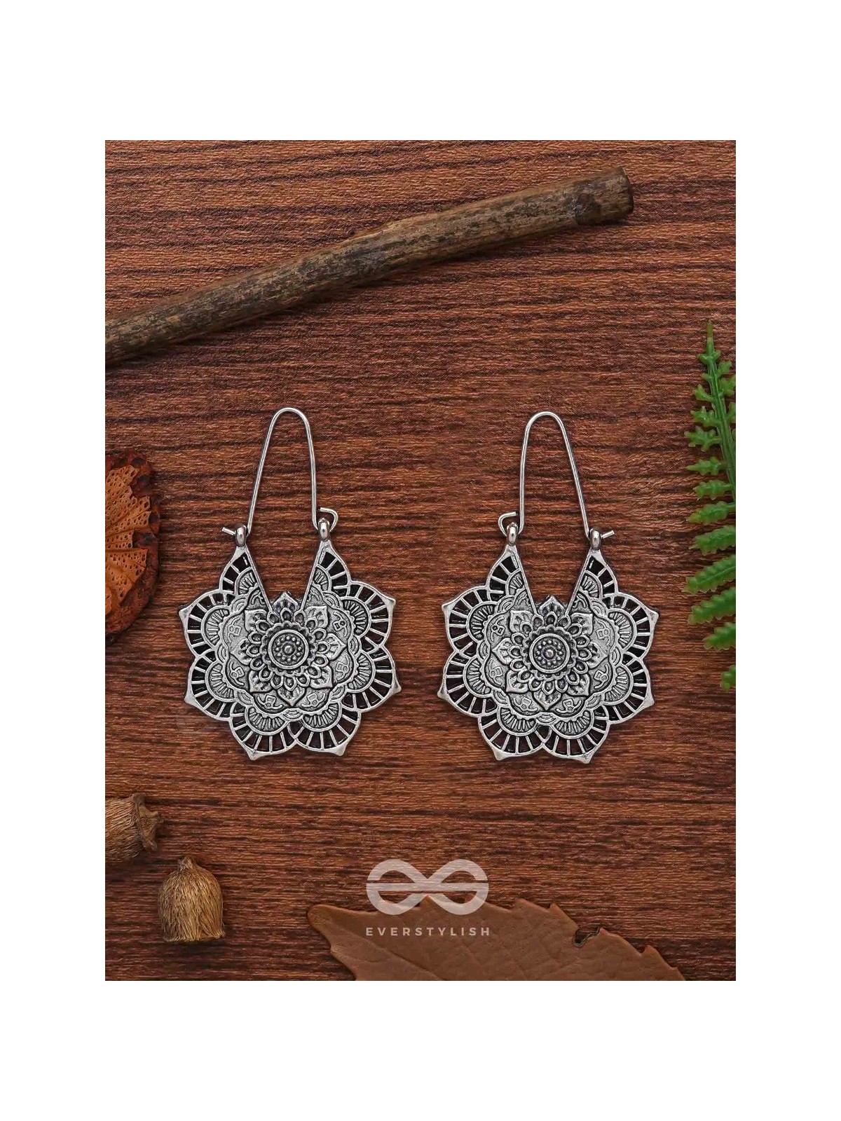 The Intricate Flower Danglers (Silver) - Oxidised Boho Earrings