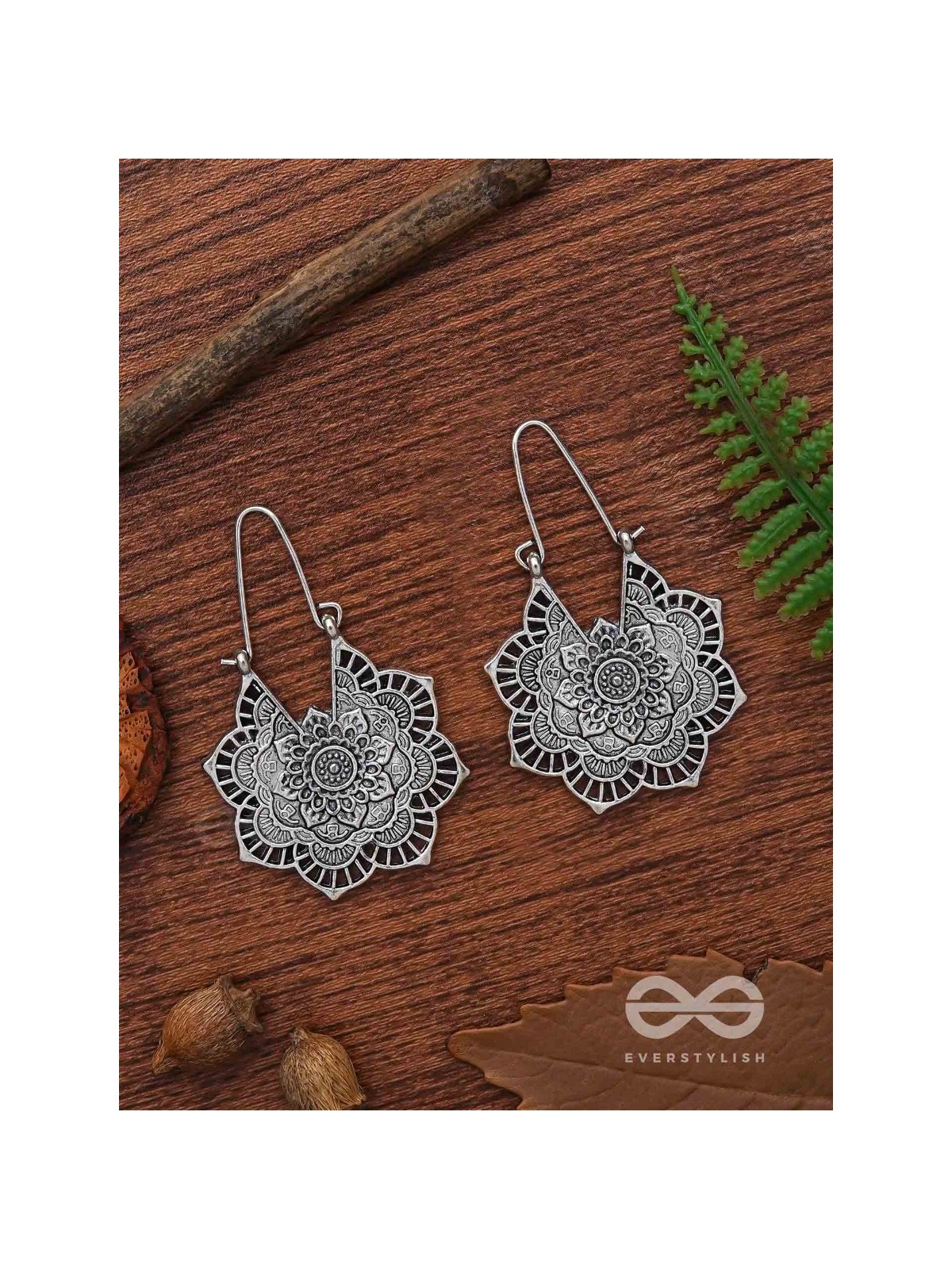 The Intricate Flower Danglers (Silver) - Oxidised Boho Earrings